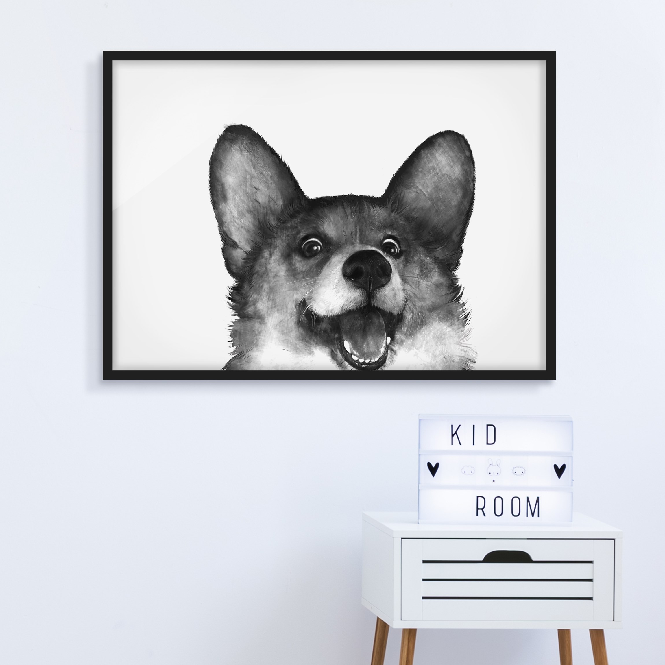 Bild mit Rahmen - Querformat Illustration Hund Corgi Weiß Schwarz Malerei