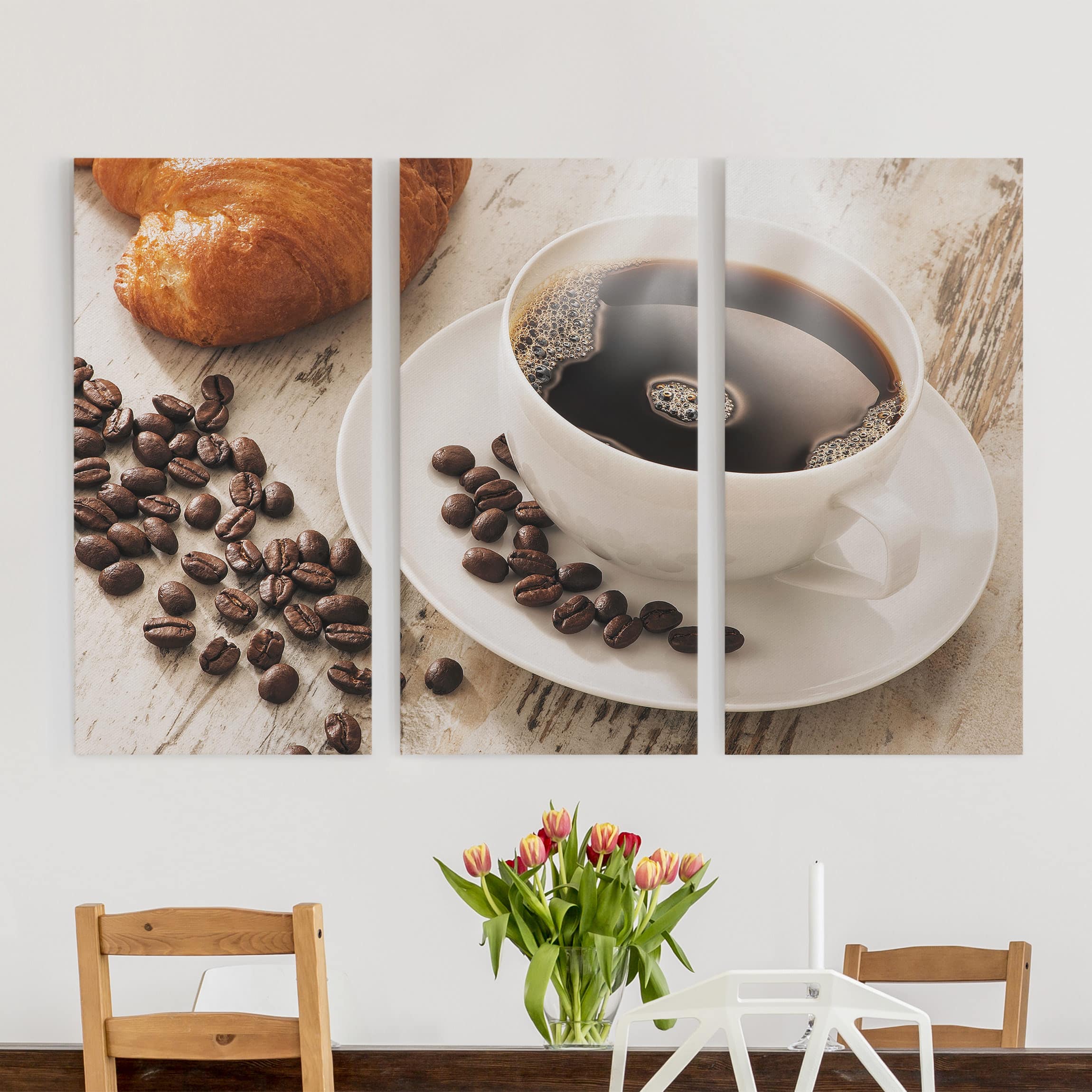 3-teiliges Leinwandbild Küche Dampfende Kaffeetasse mit Kaffeebohnen