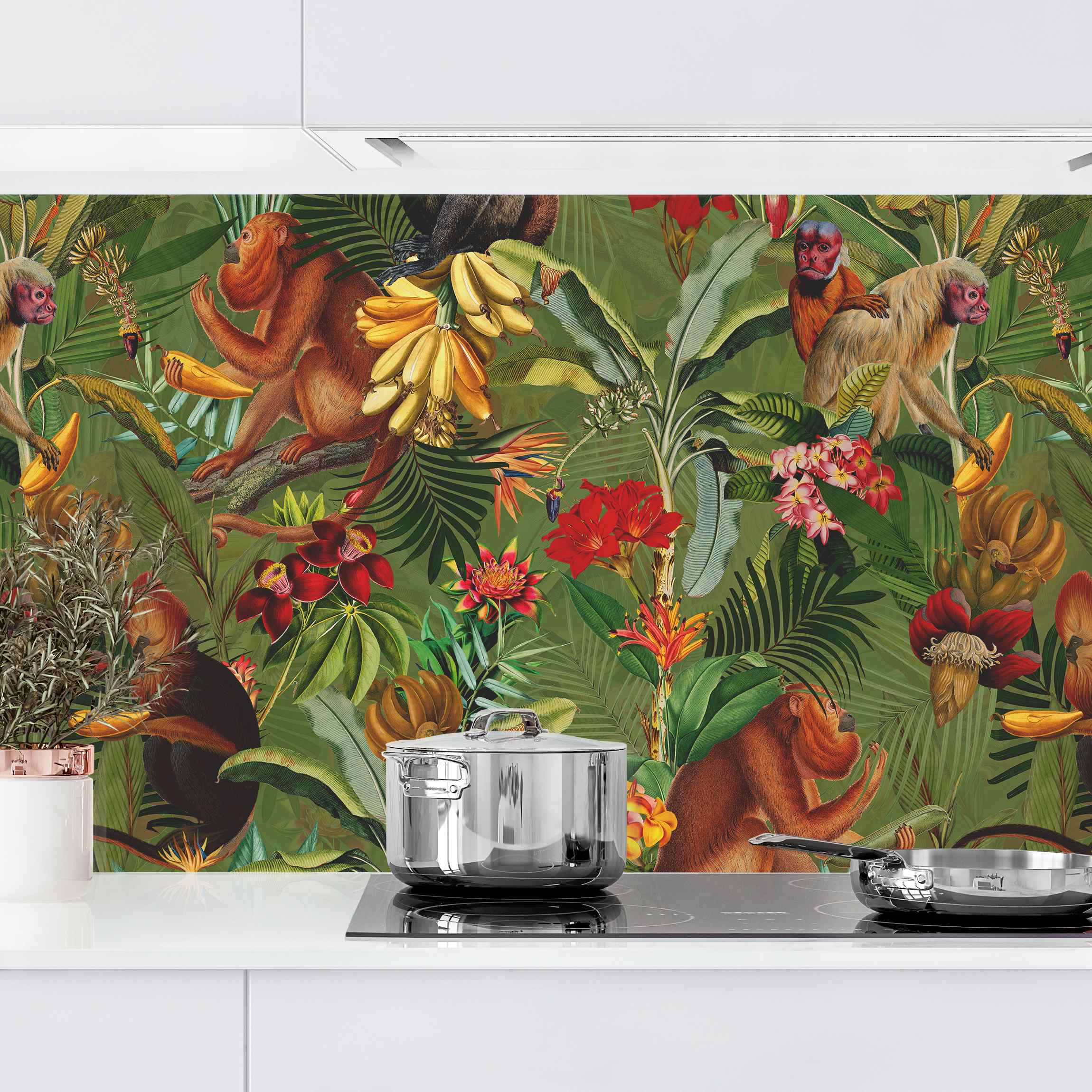 Küchenrückwand Tropische Blumen mit Affen II