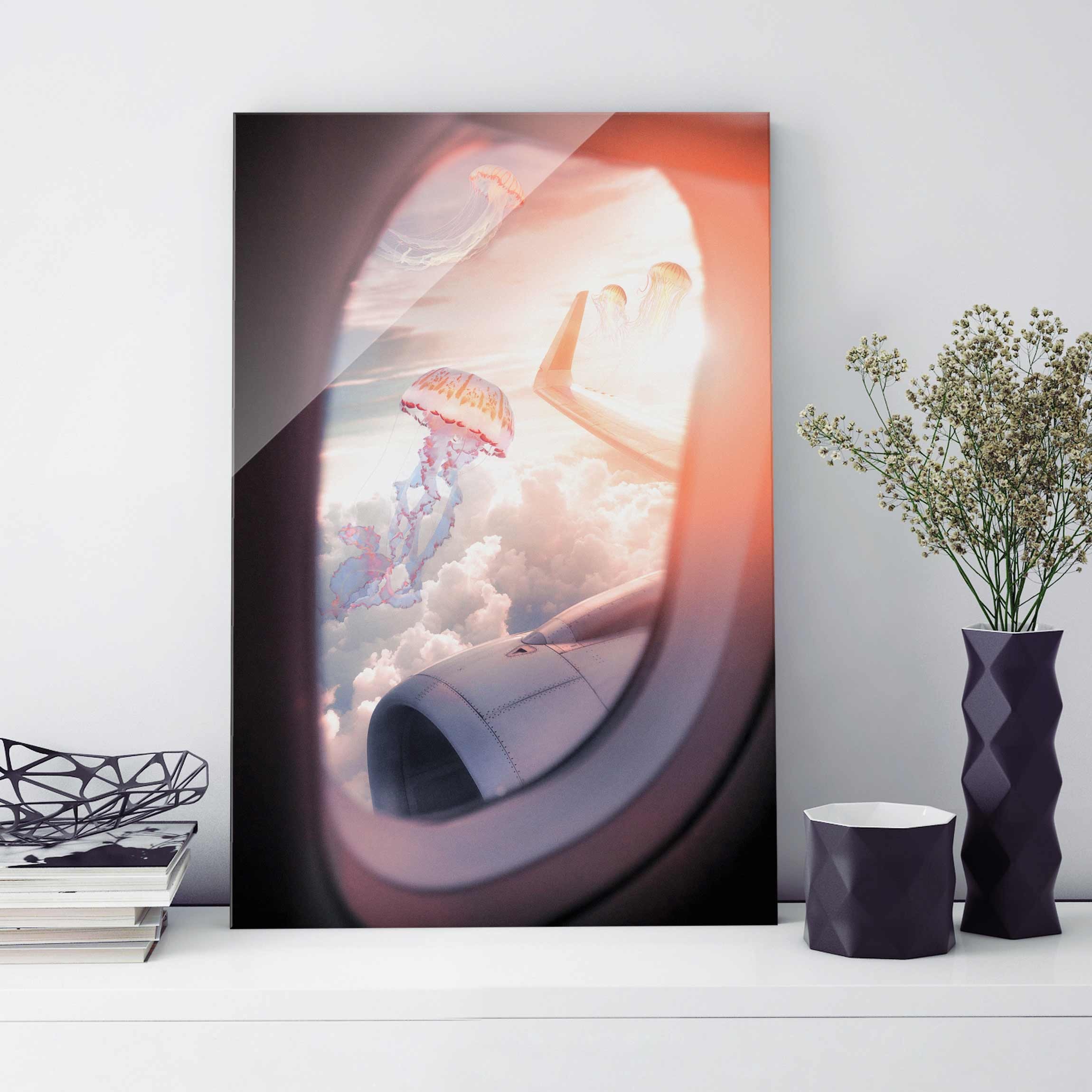 Glasbild Flugzeug mit Quallen