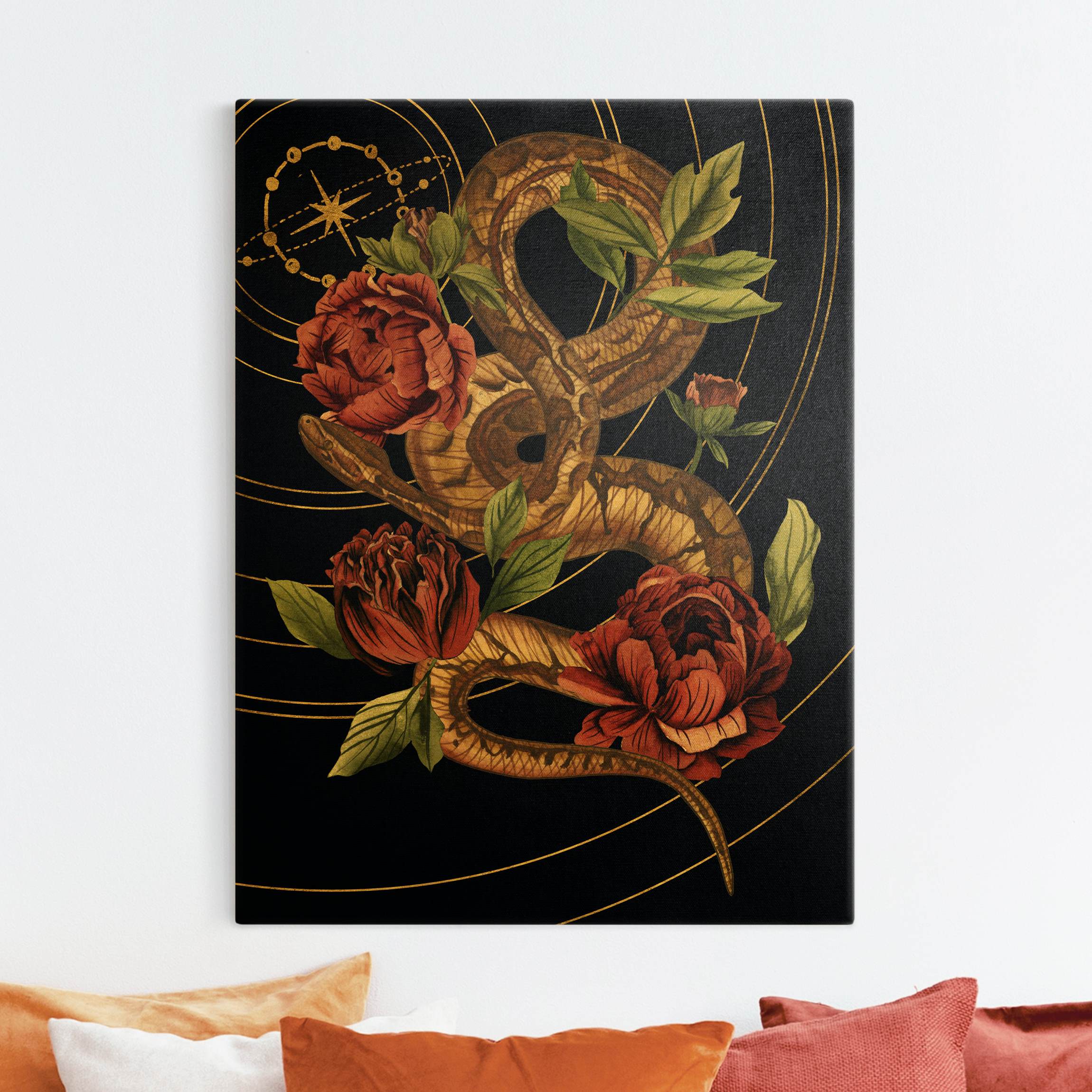 Leinwandbild Gold Schlange mit Rosen Schwarz und Gold IV