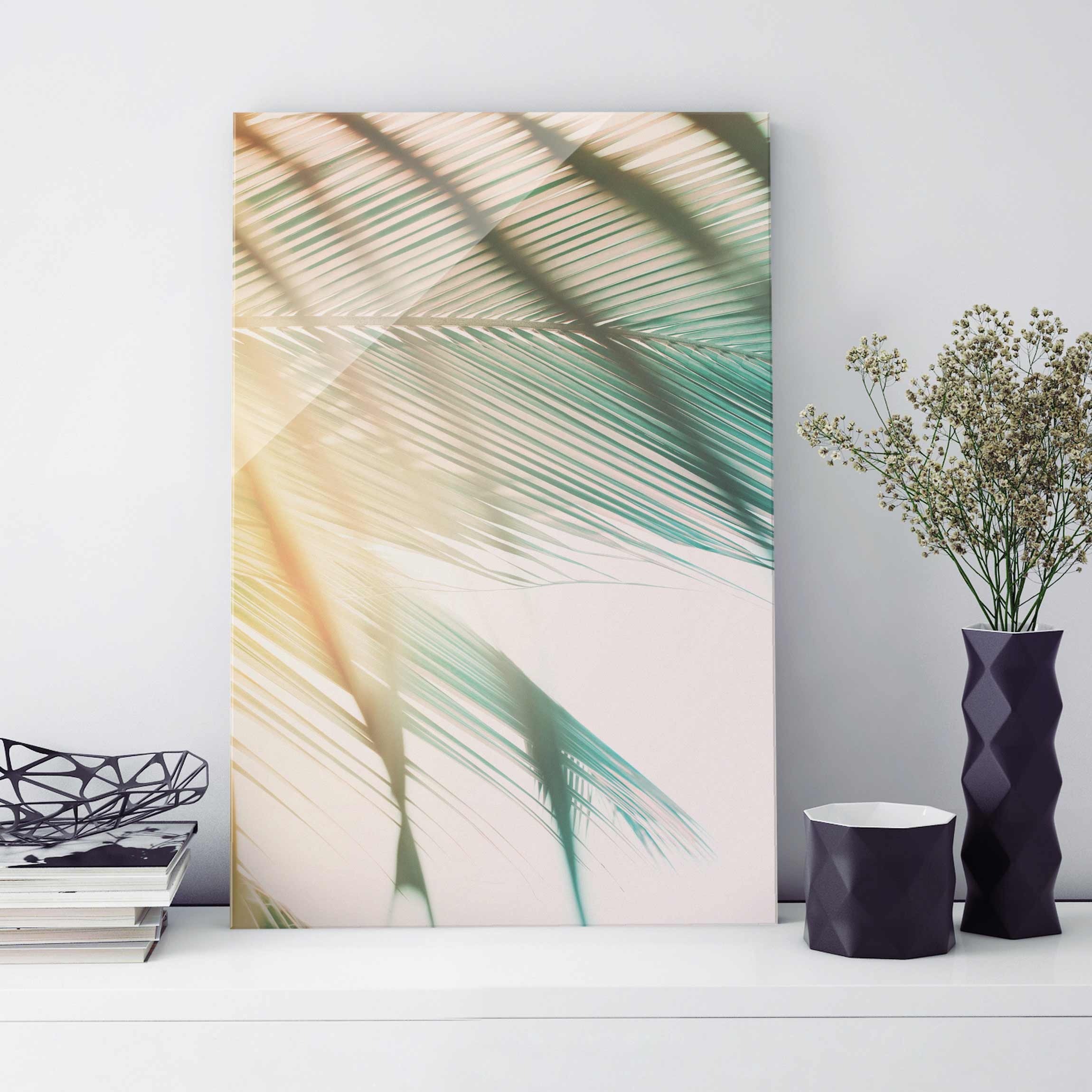 Glasbild - Hochformat Tropische Pflanzen Palmen bei Sonnenuntergang II