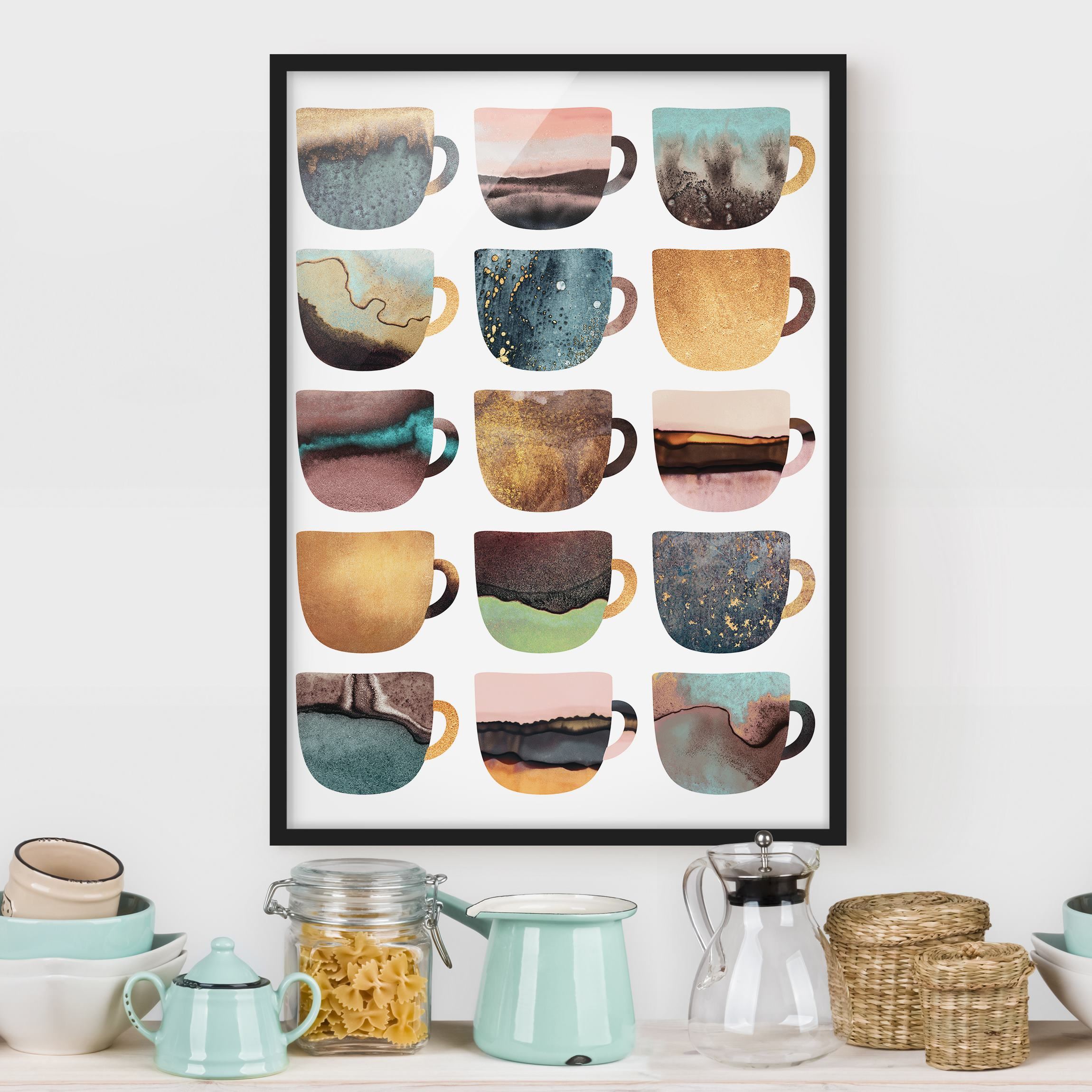 Bild mit Rahmen - Hochformat Bunte Kaffeetassen mit Gold