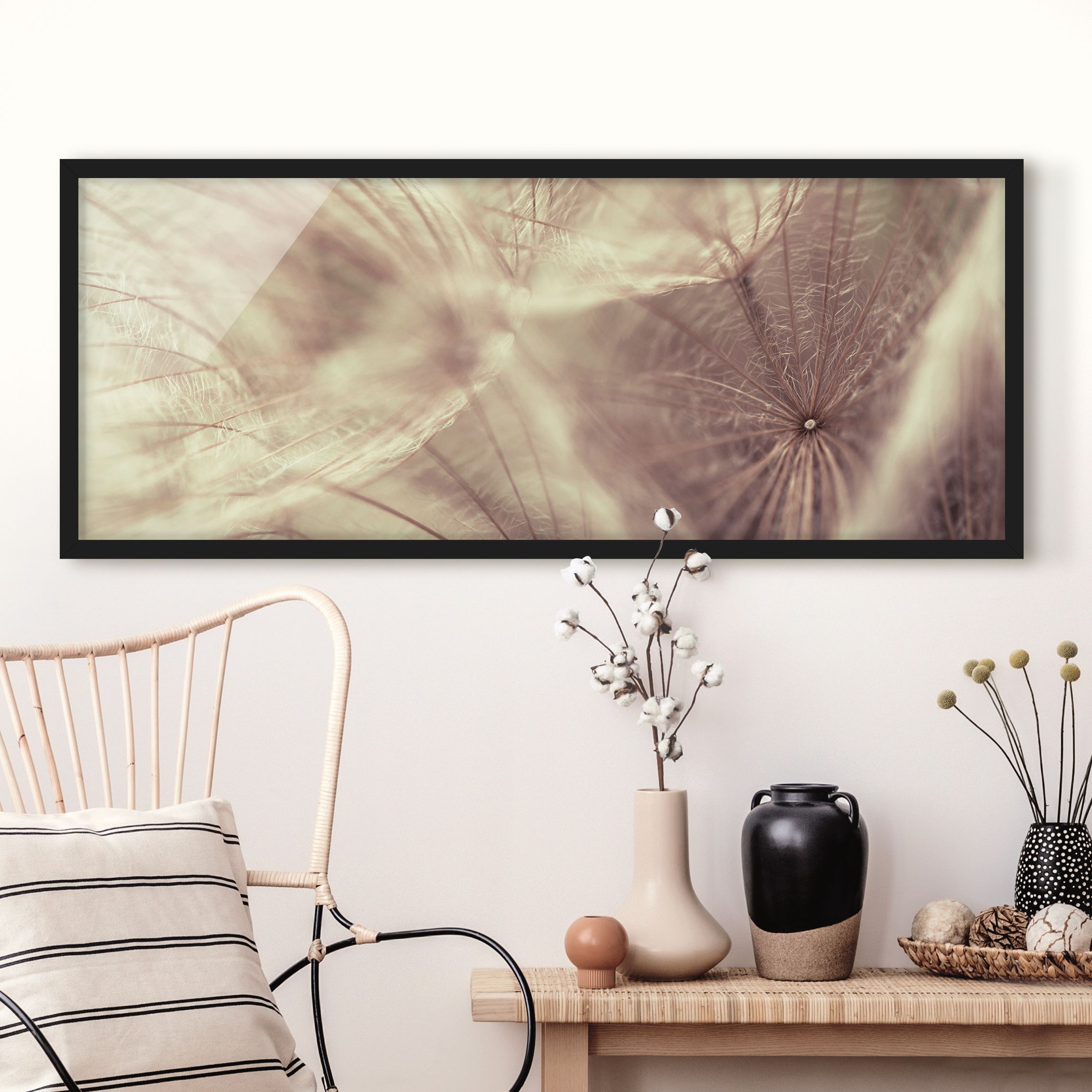 Bild mit Rahmen - Panorama Detailreiche Pusteblumen Makroaufnahme mit Vintage Blur Effekt