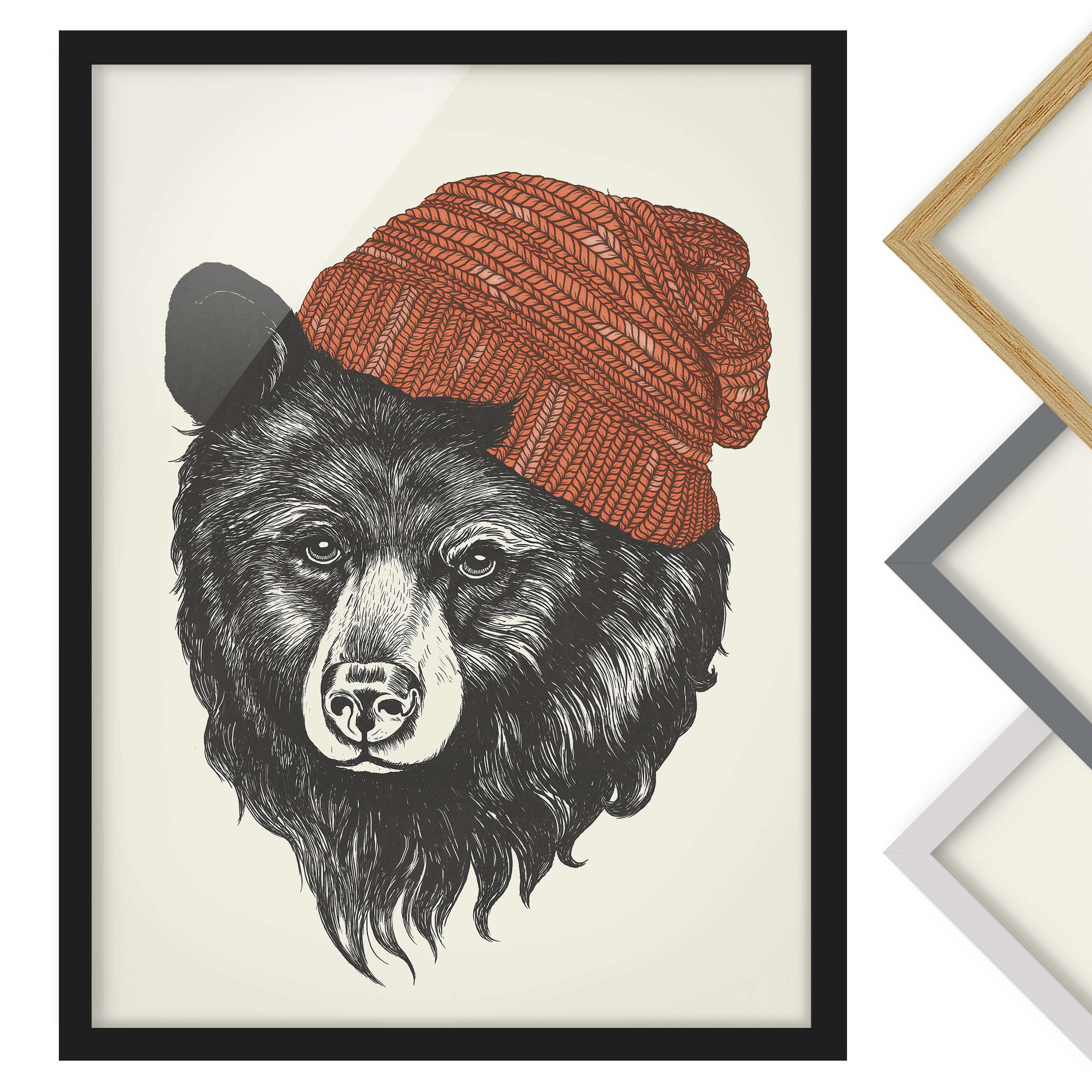 Bild mit Rahmen - Hochformat Illustration Bär mit roter Mütze Zeichnung