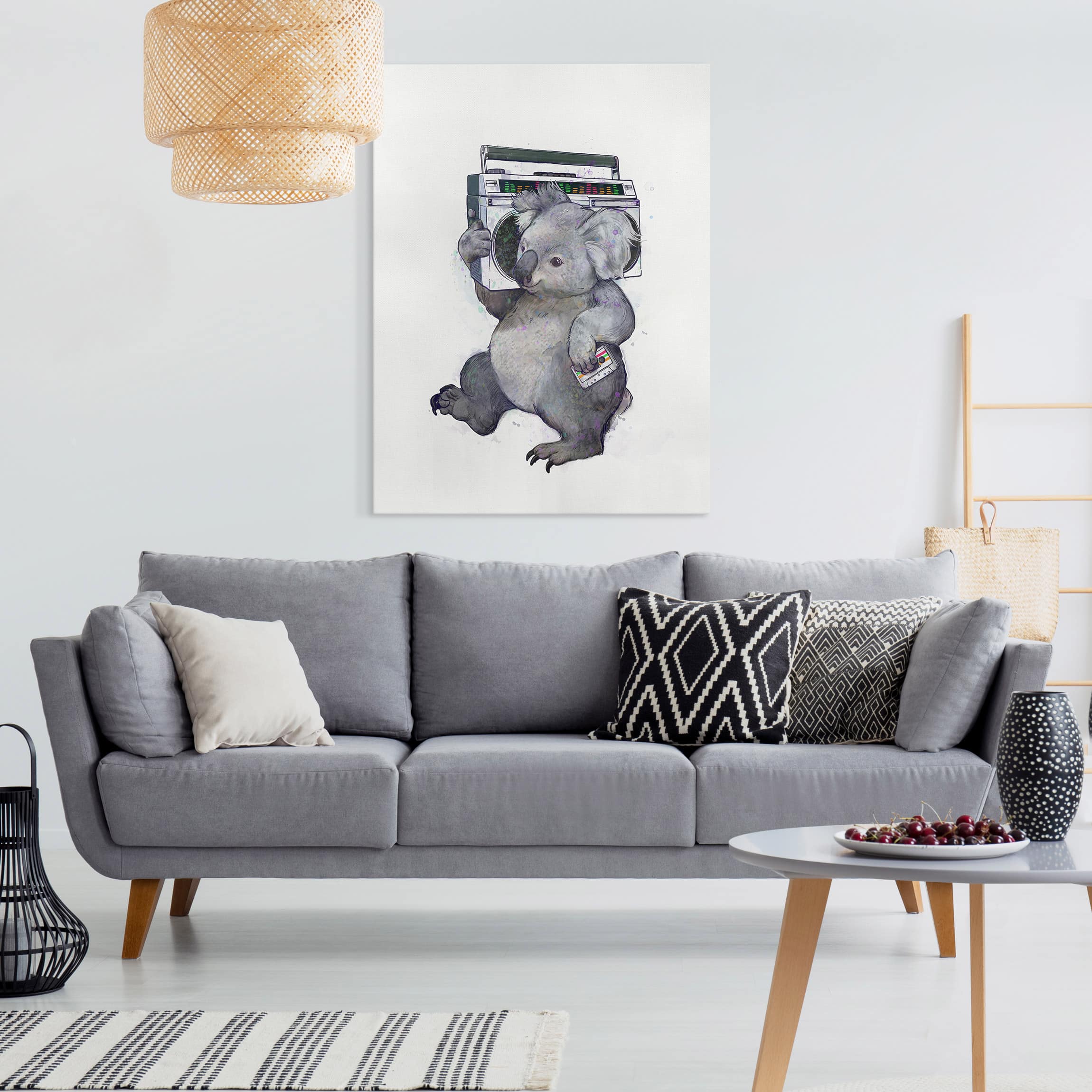 Leinwandbild - Hochformat Illustration Koala mit Radio Malerei