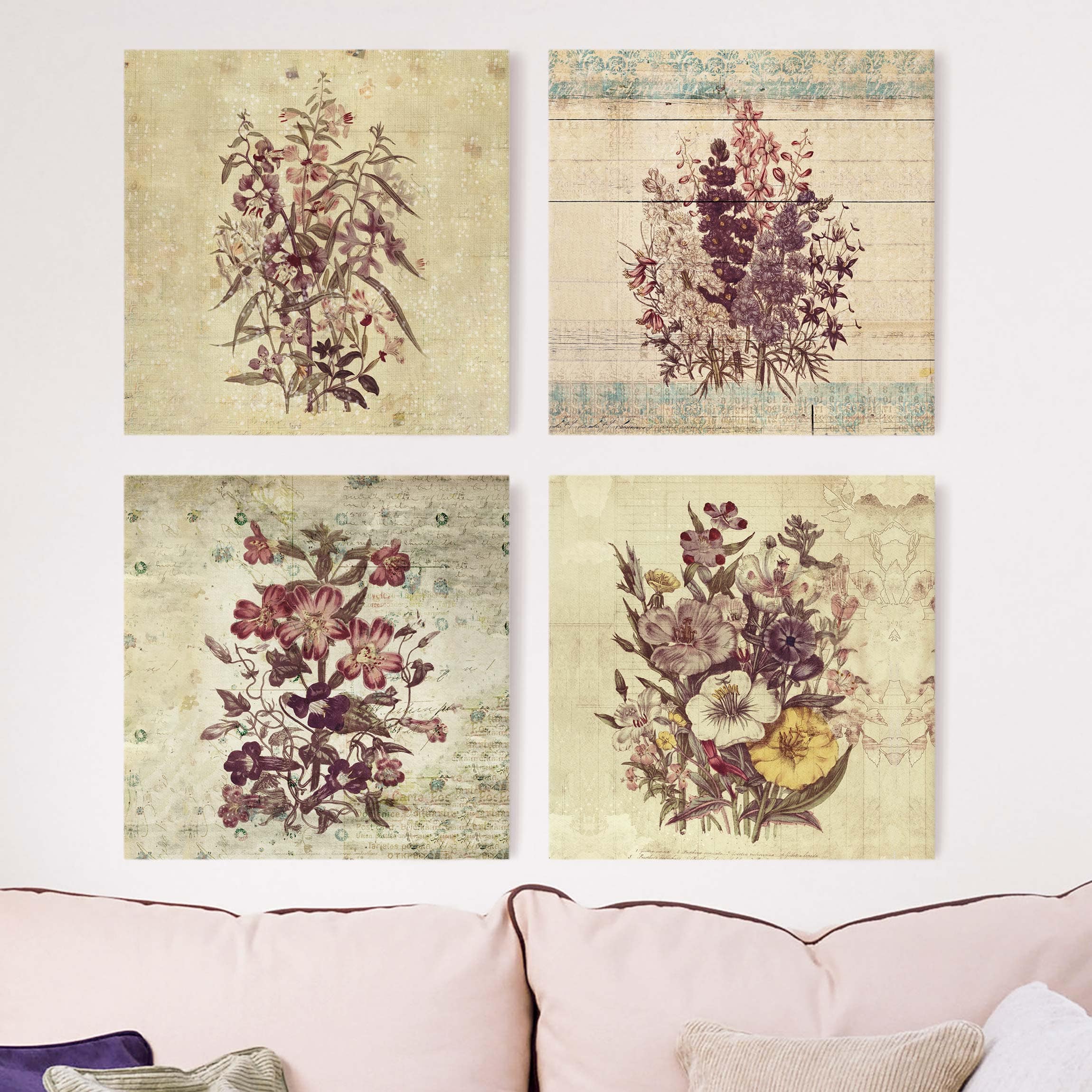 4-teiliges Leinwandbild Blumen Vintage Blumen Sammlung