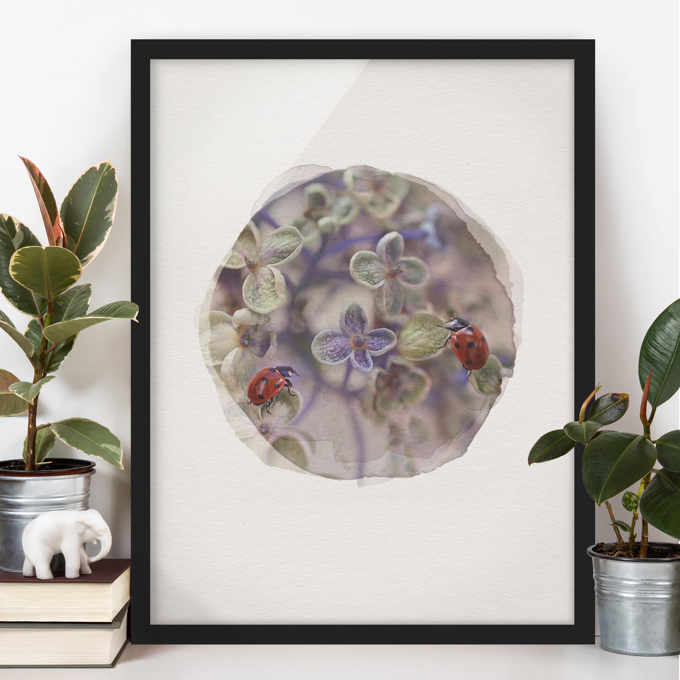 Bild mit Rahmen - Hochformat Wasserfarben - Marienkäfer im Garten