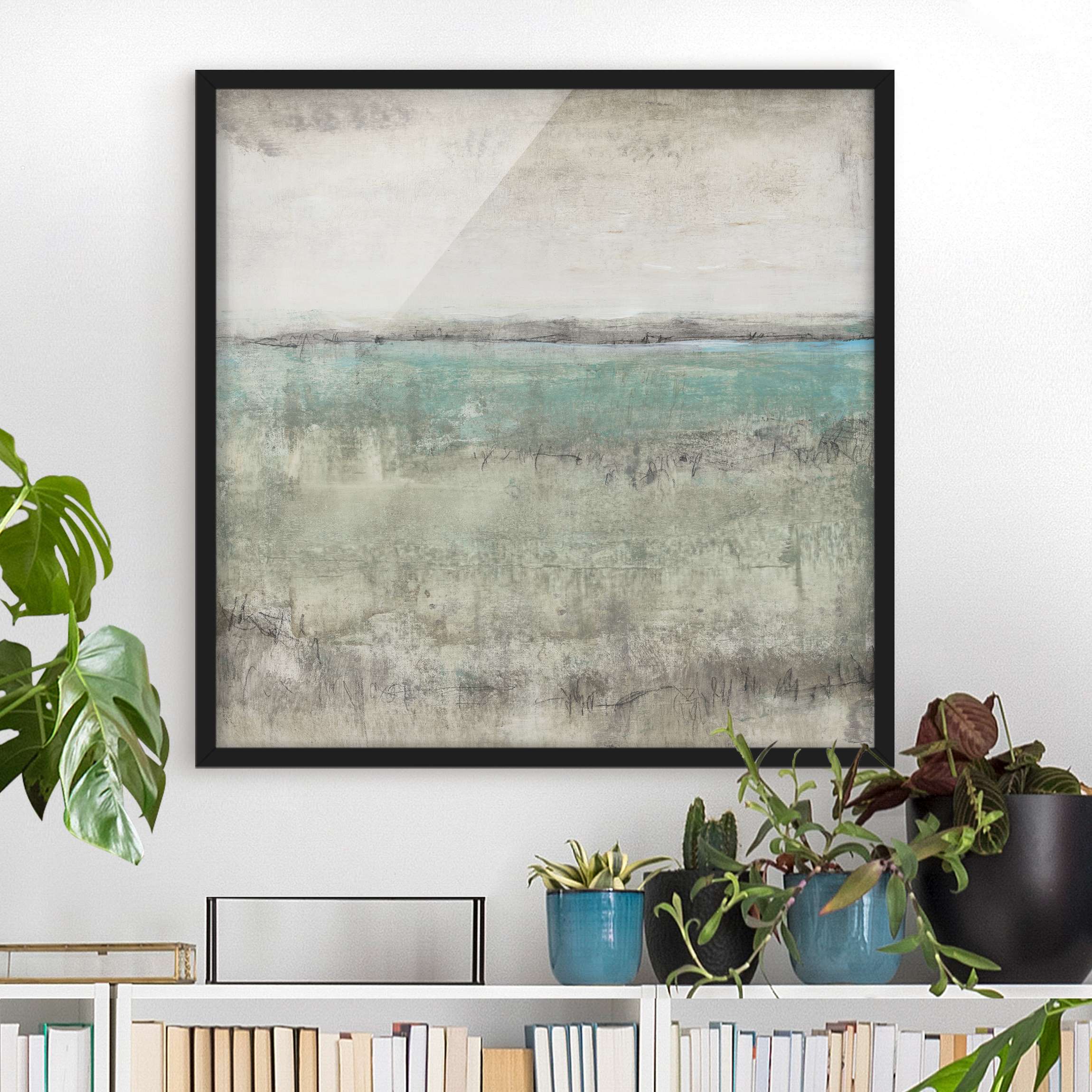 Bild mit Rahmen - Quadrat Horizont über Türkis I