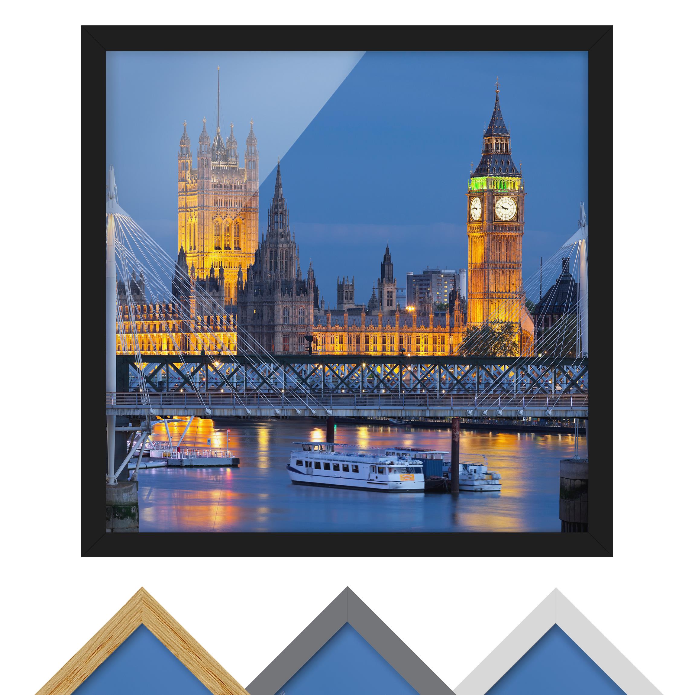 Bild mit Rahmen - Quadrat Big Ben und Westminster Palace in London bei Nacht