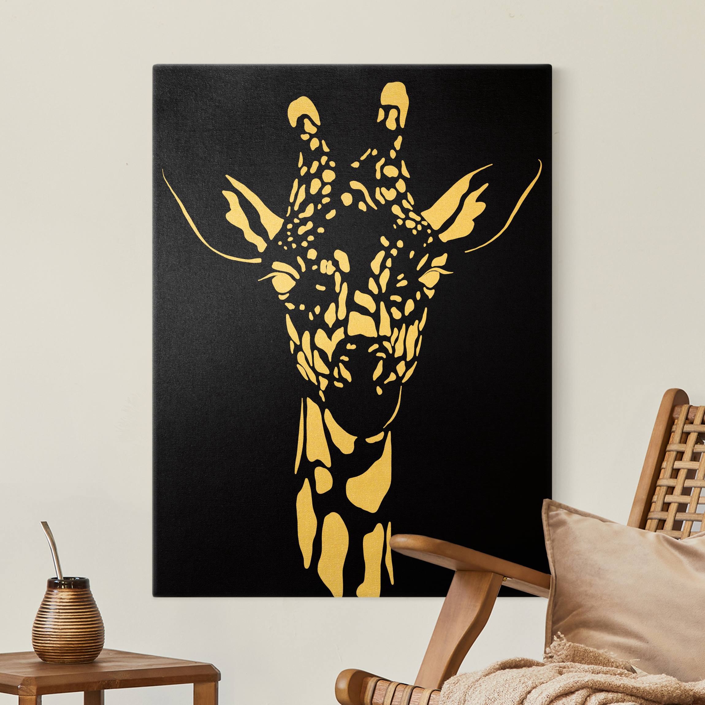 Leinwandbild Gold Safari Tiere - Portrait Giraffe Schwarz