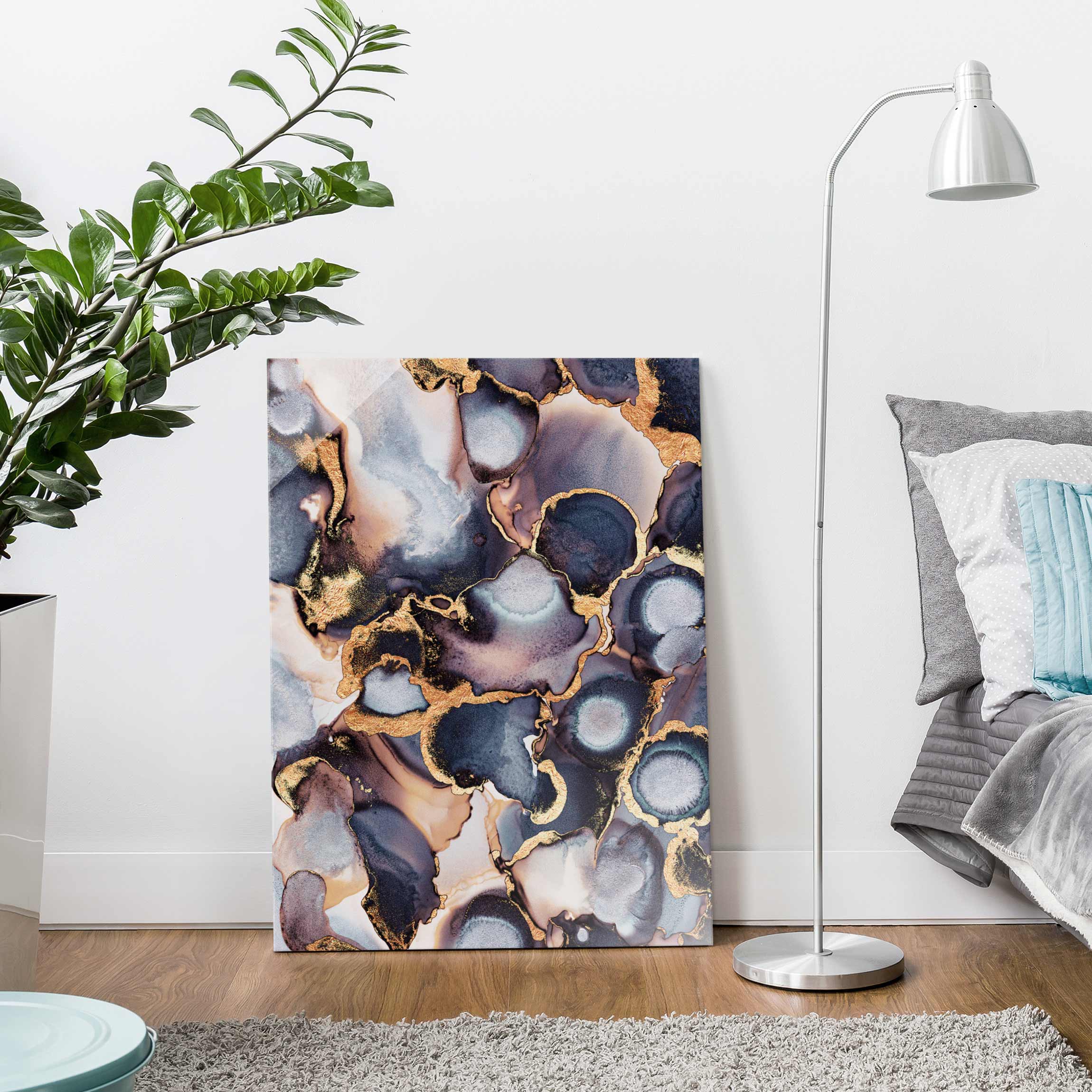 Glasbild - Hochformat Marmor Aquarell mit Gold
