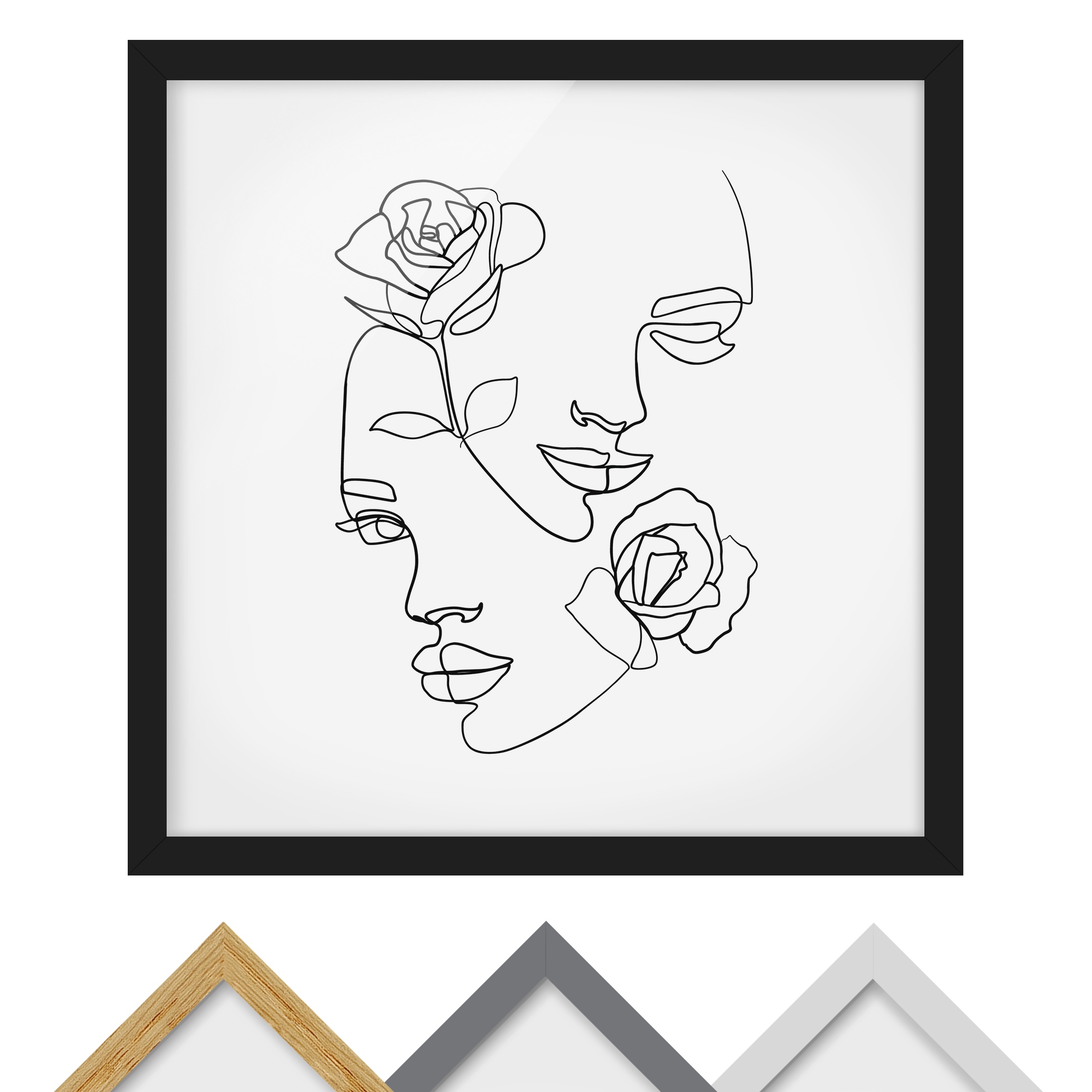 Bild mit Rahmen Line Art Gesichter Frauen Rosen Schwarz Weiß