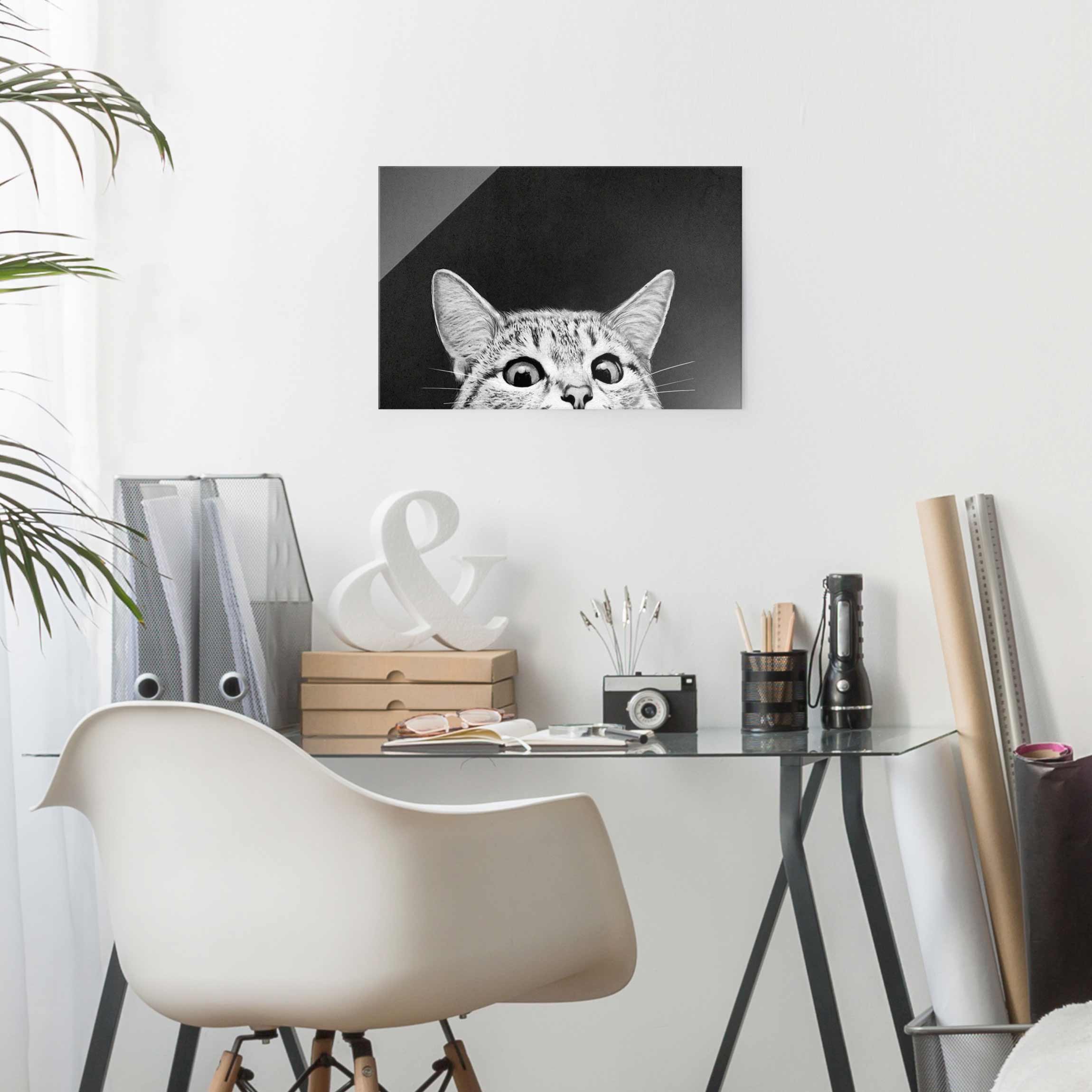 Glasbild - Querformat Illustration Katze Schwarz Weiß Zeichnung
