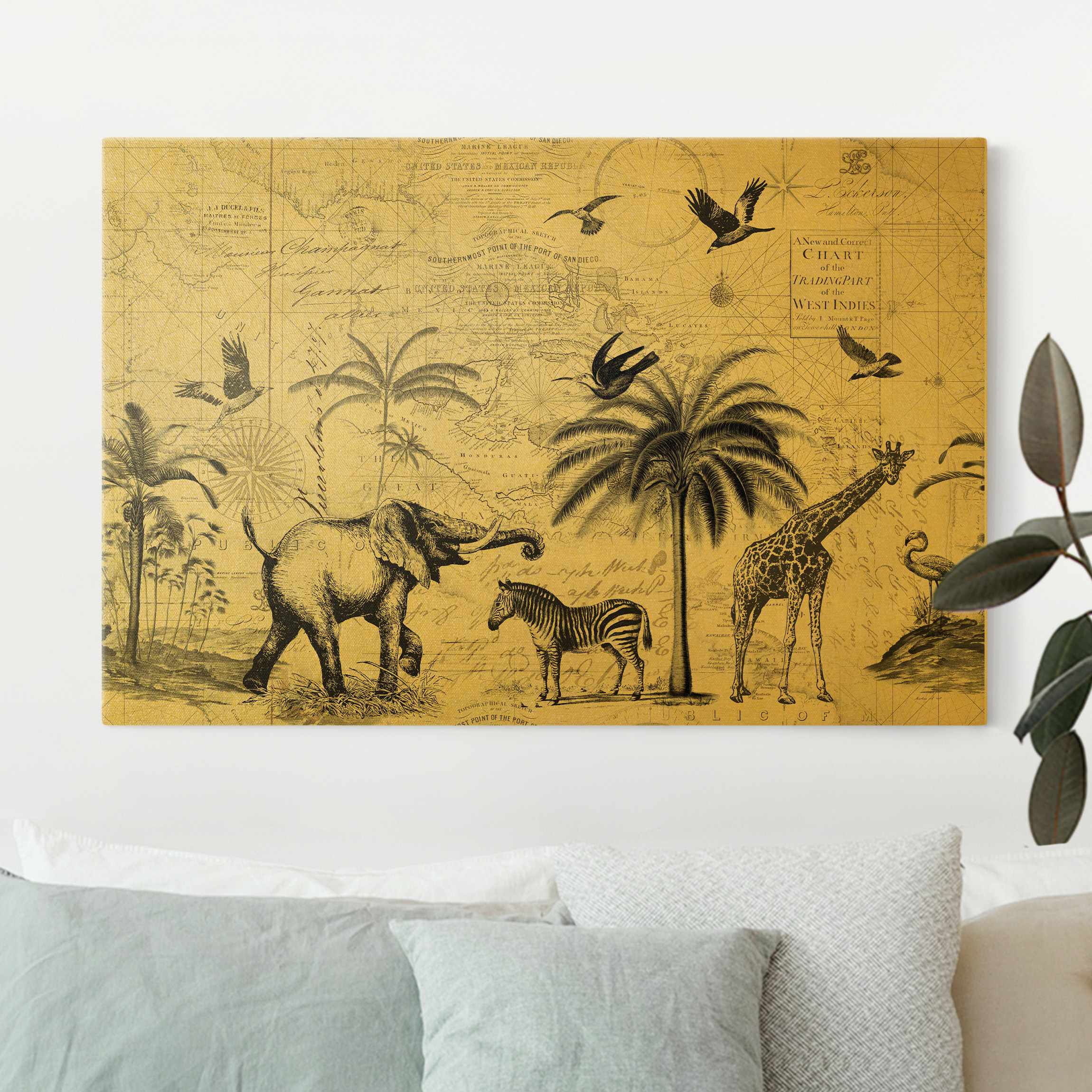 Leinwandbild Gold Vintage Collage - Exotische Landkarte