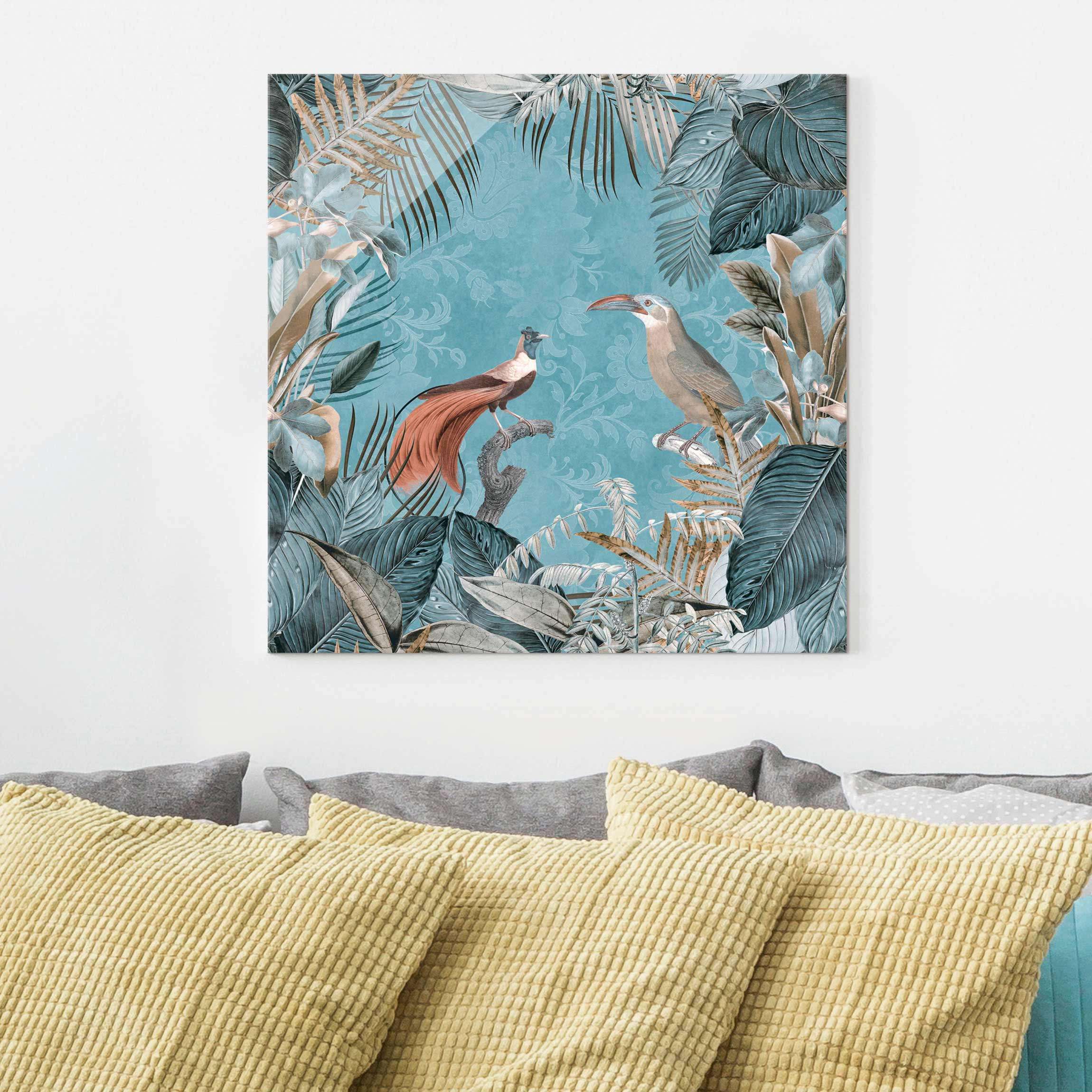 Glasbild Vintage Collage - Paradiesvögel