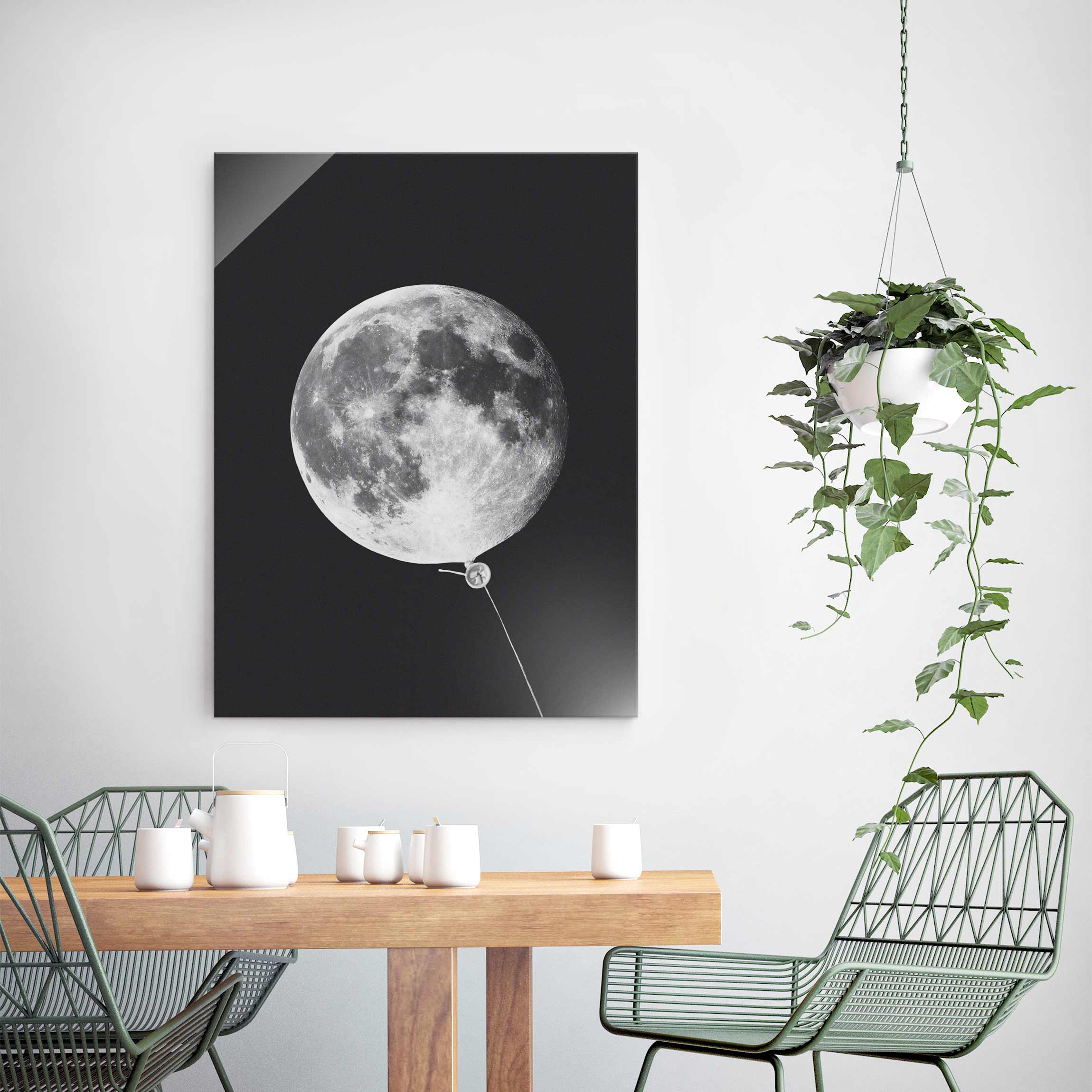 Glasbild - Hochformat Luftballon mit Mond