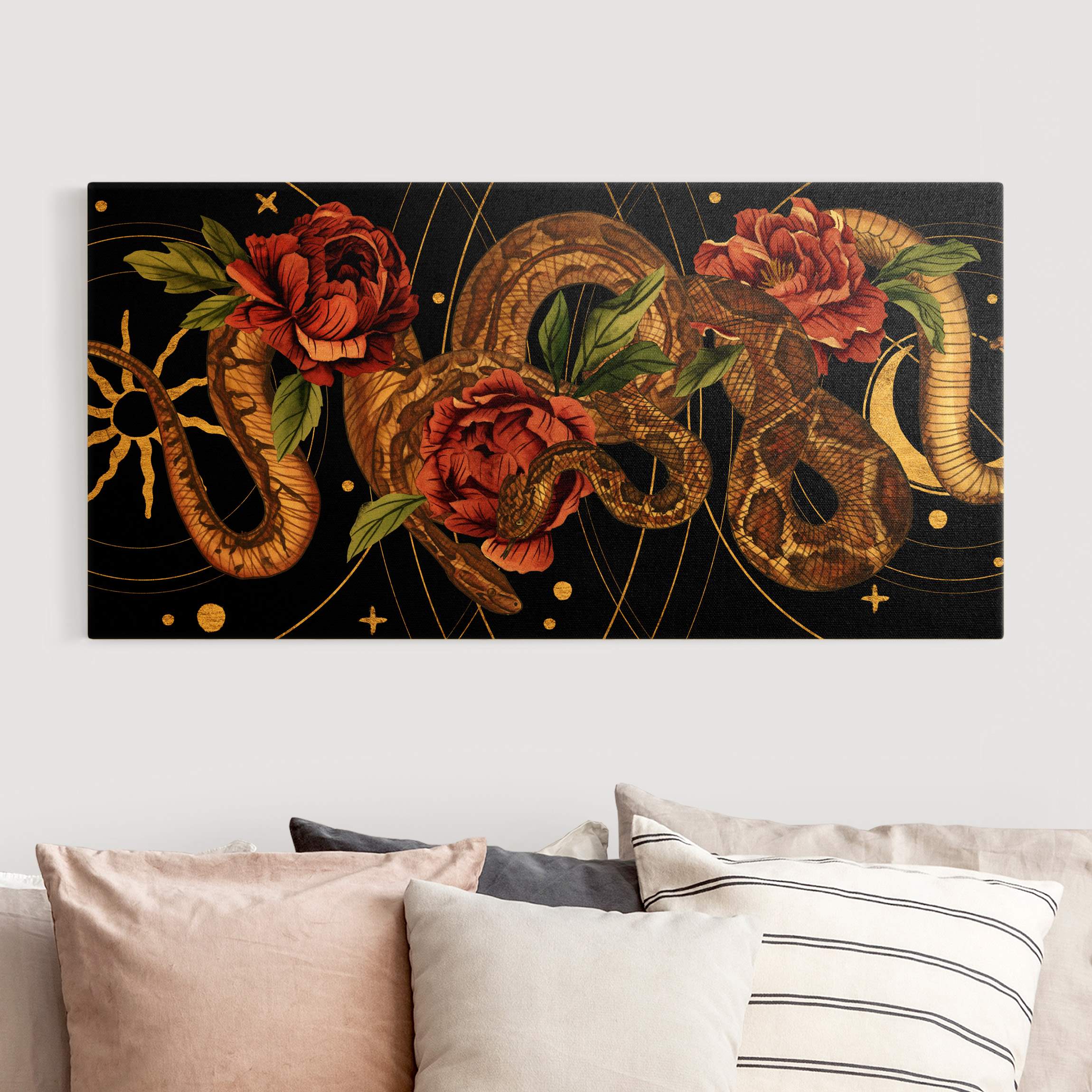 Leinwandbild Gold Schlangen mit Rosen vor Schwarz und Gold I