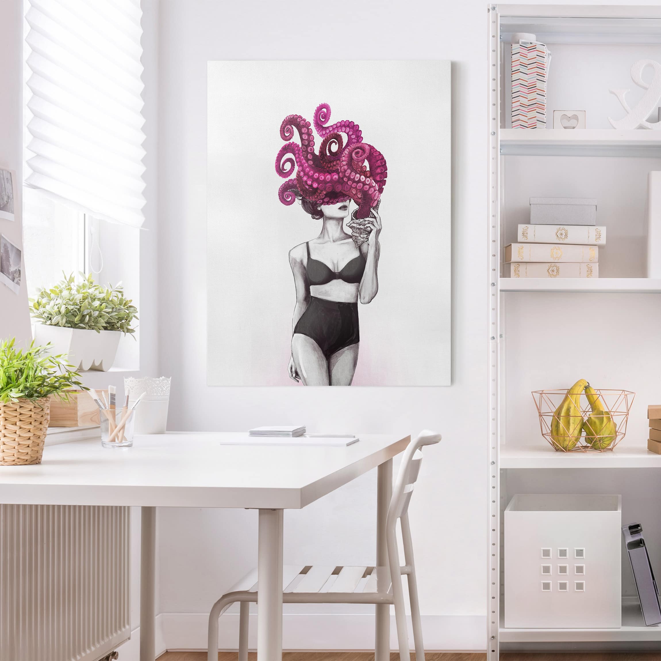 Leinwandbild Illustration Frau in Unterwäsche Schwarz Weiß Oktopus