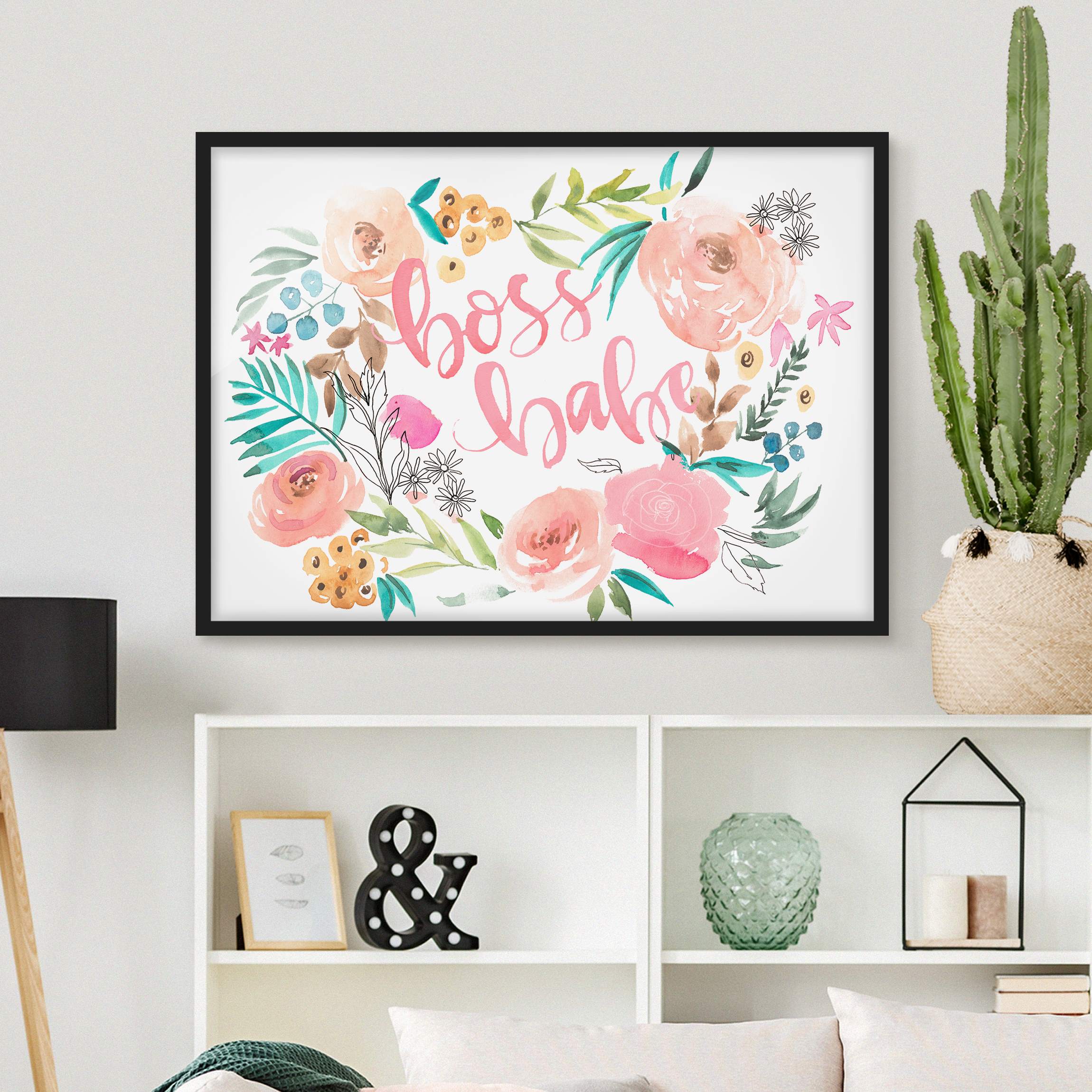 Spruch Bild mit Rahmen Rosa Blüten - Boss Babe