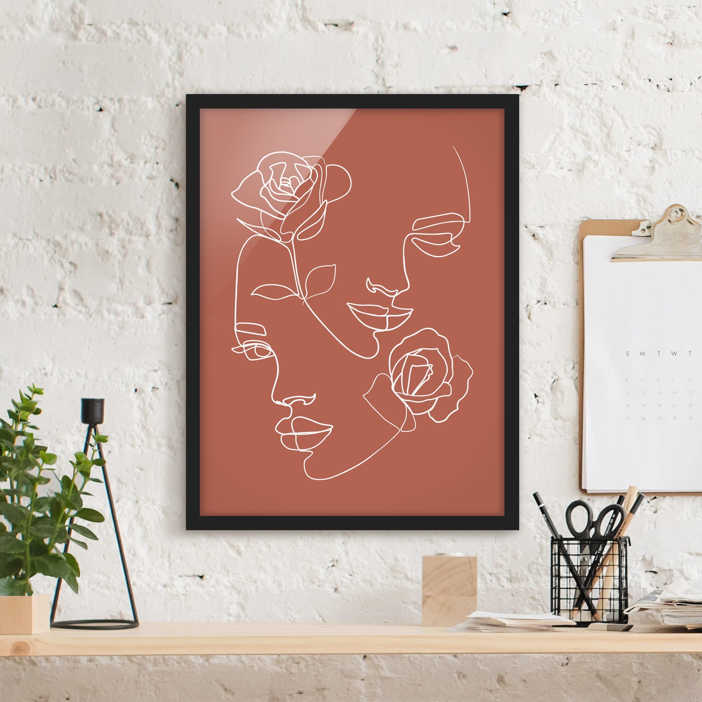 Bild mit Rahmen - Hochformat Line Art Gesichter Frauen Rosen Kupfer