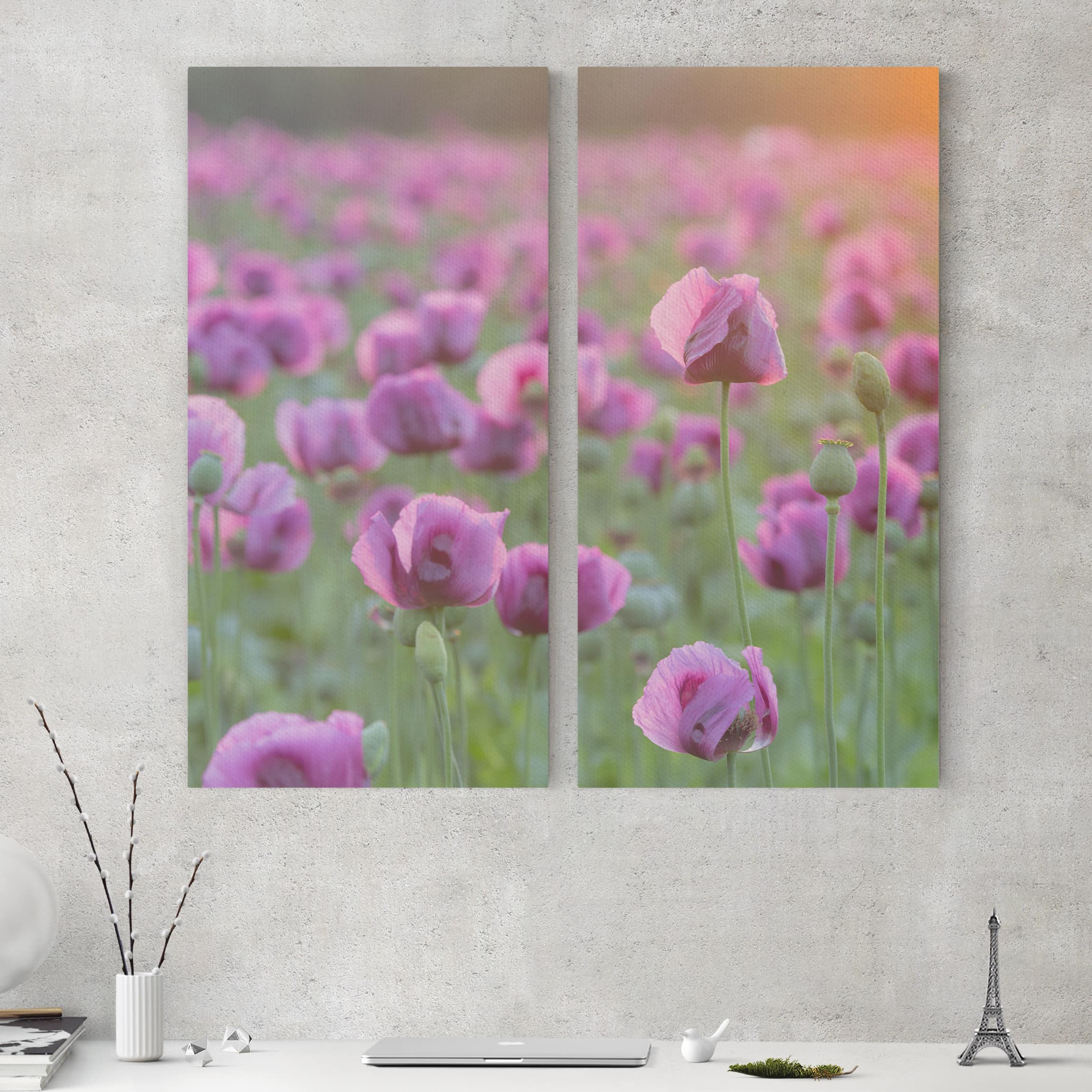2-teiliges Leinwandbild Blumen Violette Schlafmohn Blumenwiese im Frühling