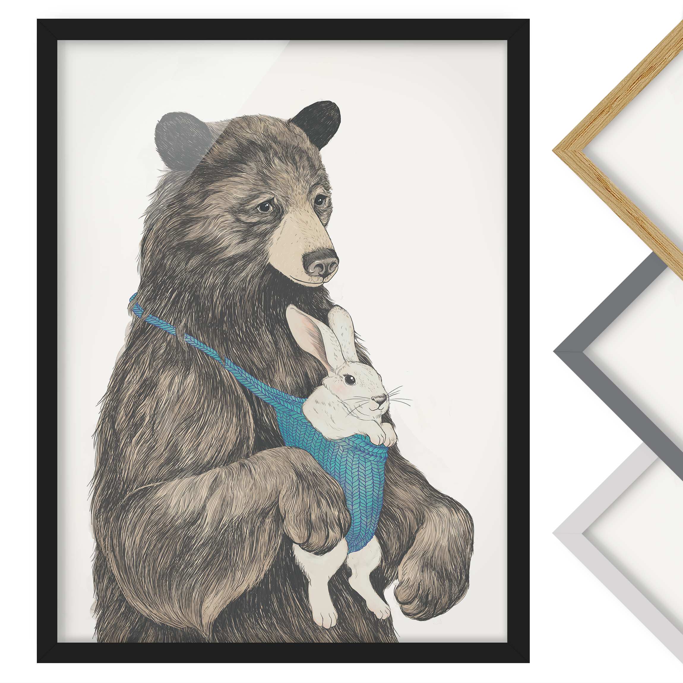 Bild mit Rahmen - Hochformat Illustration Bär und Hase Baby
