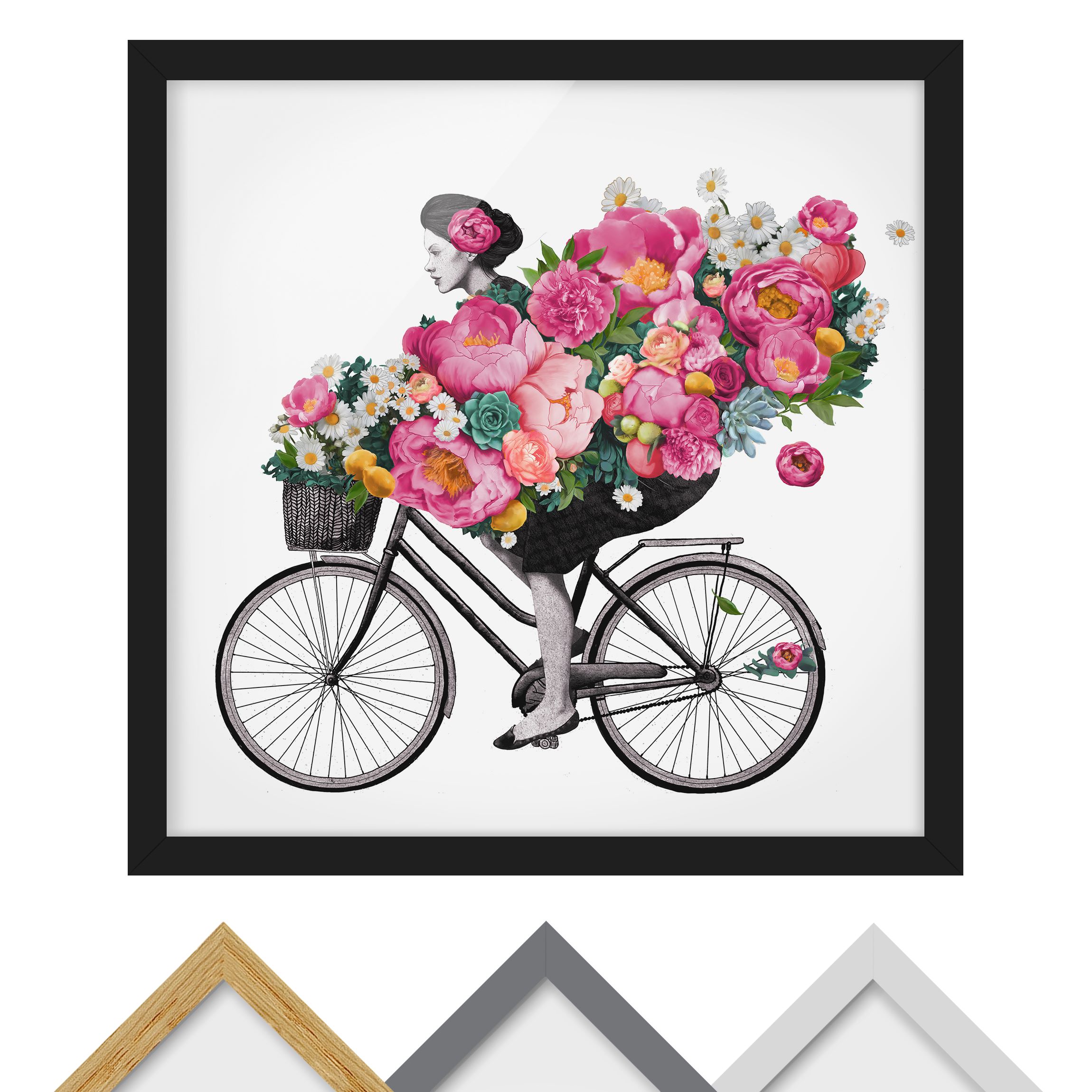 Bild mit Rahmen Illustration Frau auf Fahrrad Collage bunte Blumen