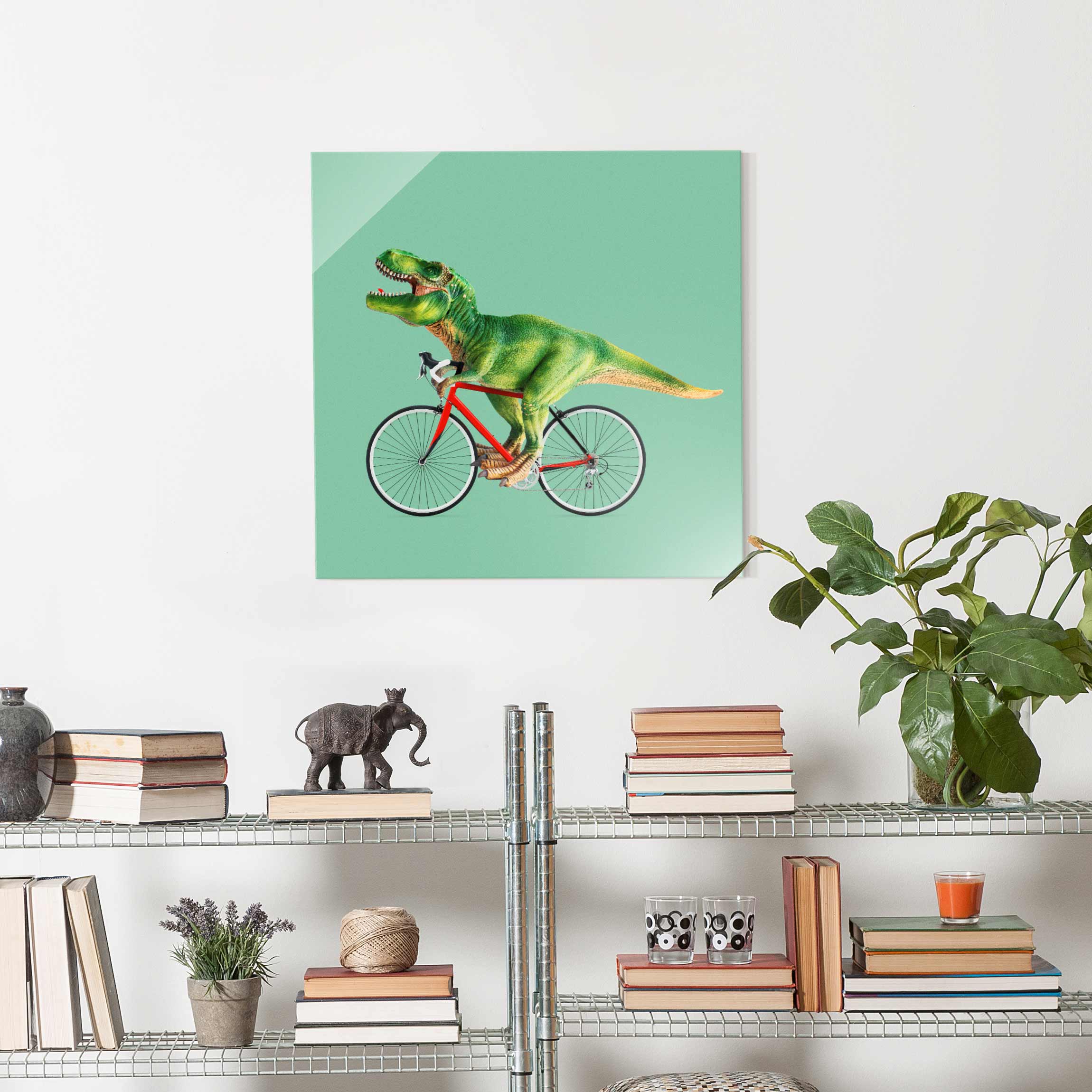 Glasbild - Quadrat Dinosaurier mit Fahrrad