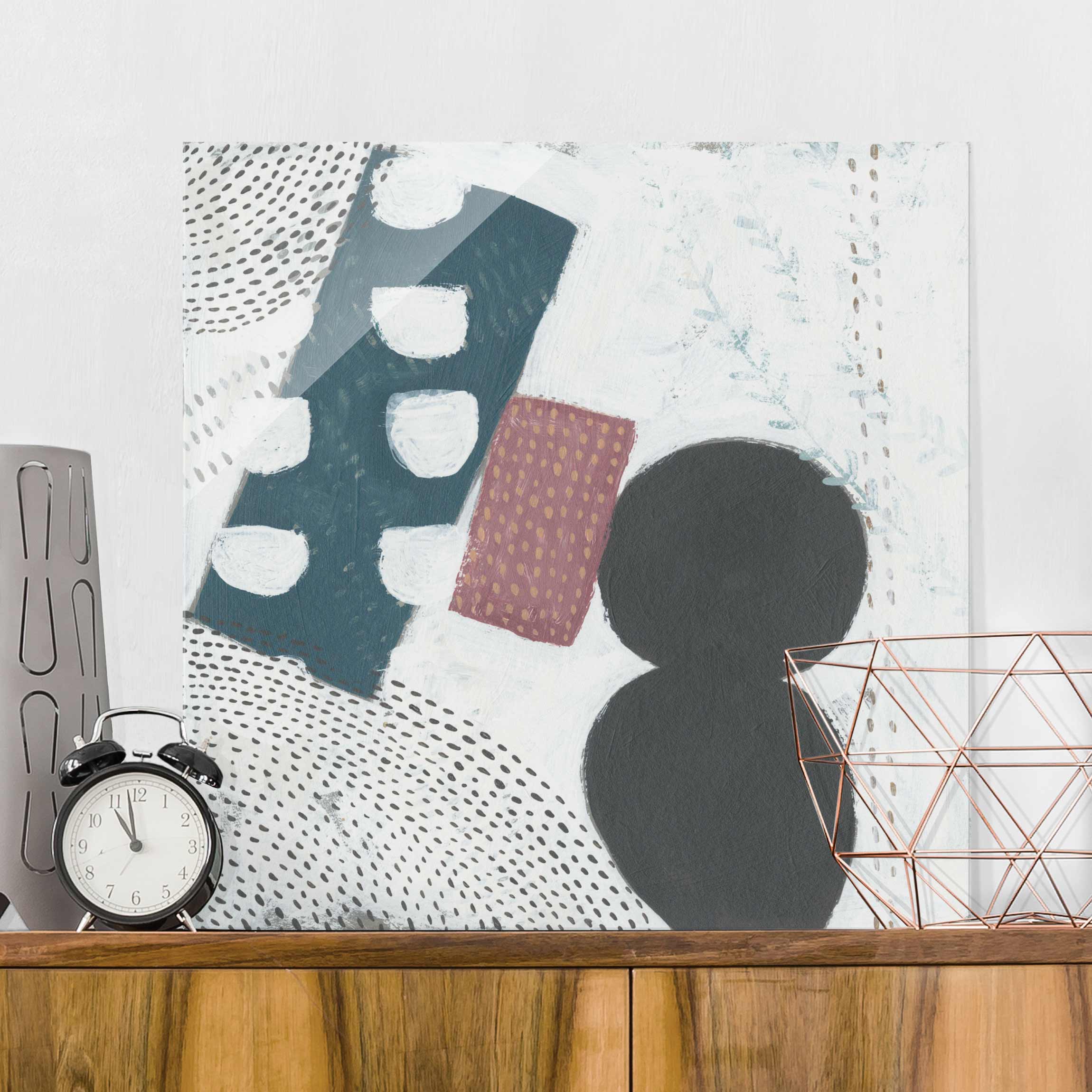 Glasbild - Quadrat Karneval der Formen in Petrol I