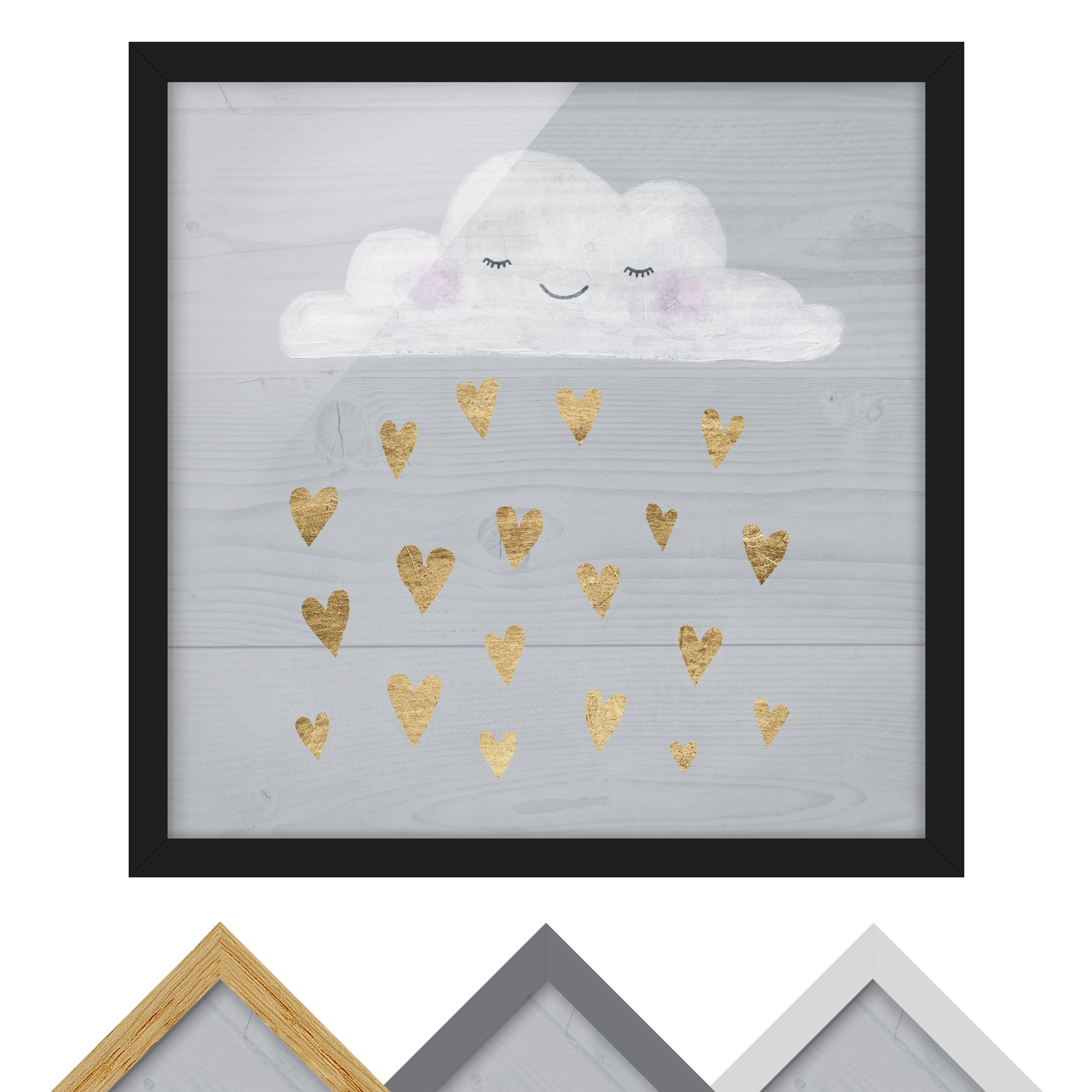 Bild mit Rahmen - Quadrat Wolke mit goldenen Herzen