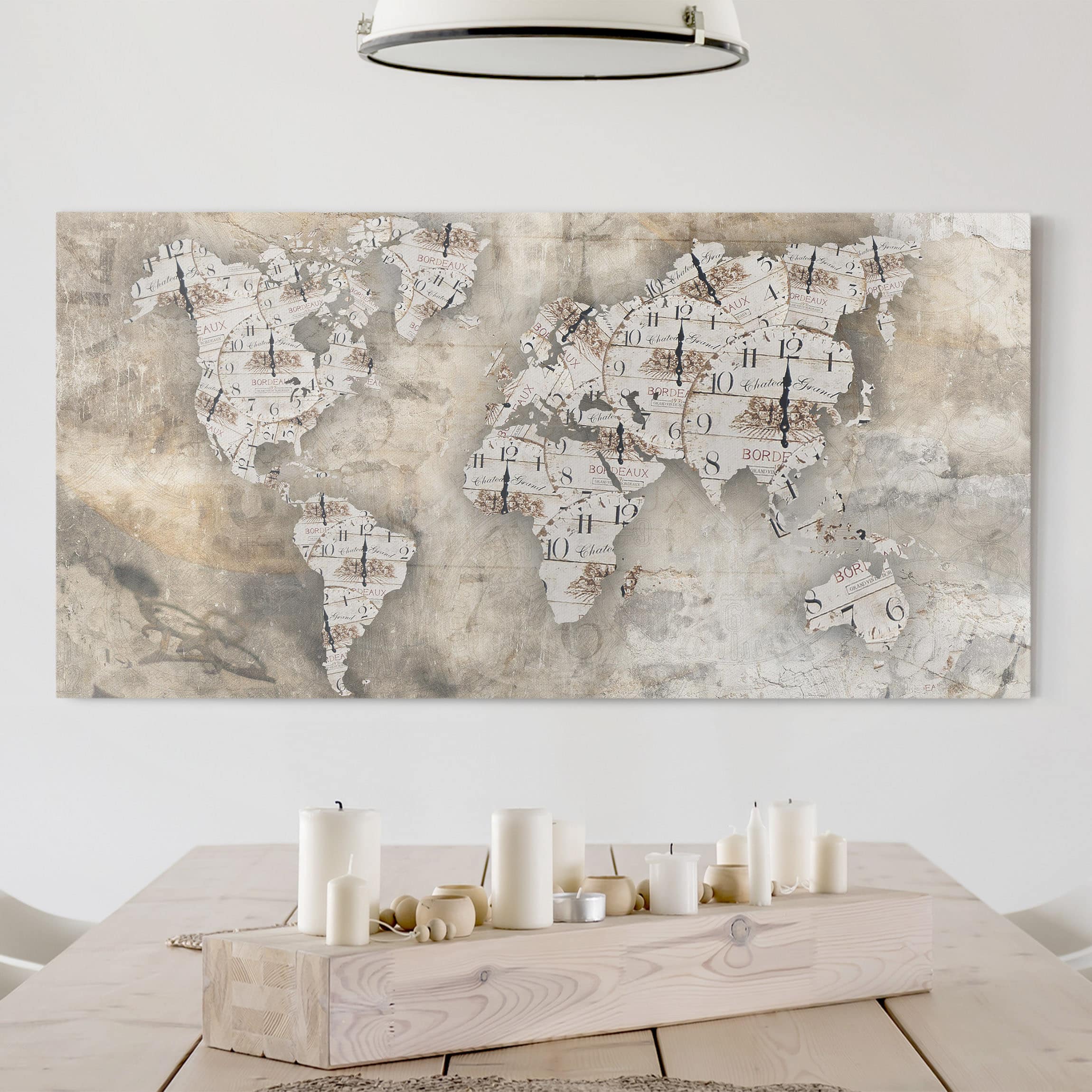 Leinwandbild Weltkarte Shabby Uhren Weltkarte
