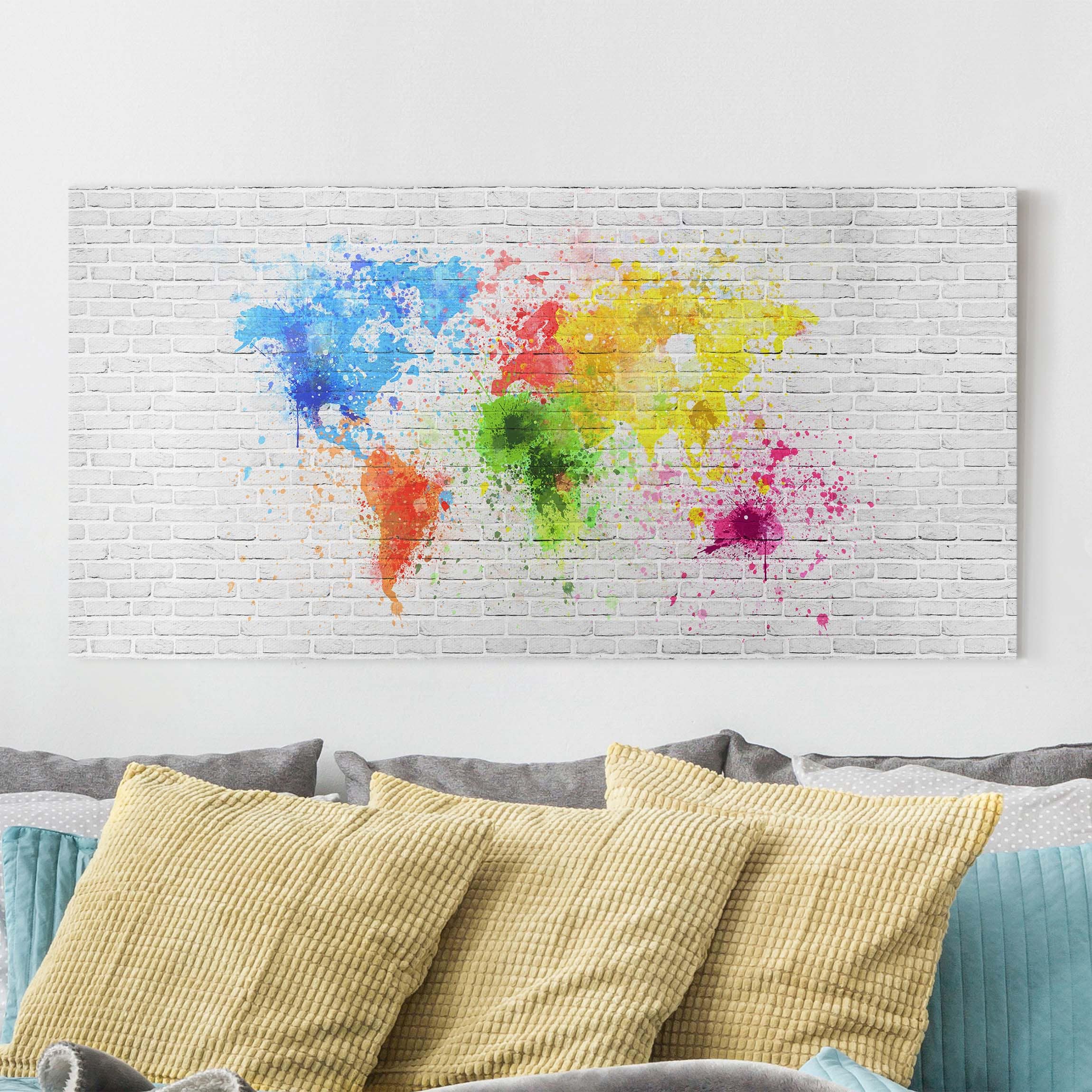 Leinwandbild Weltkarte Weiße Backsteinwand Weltkarte