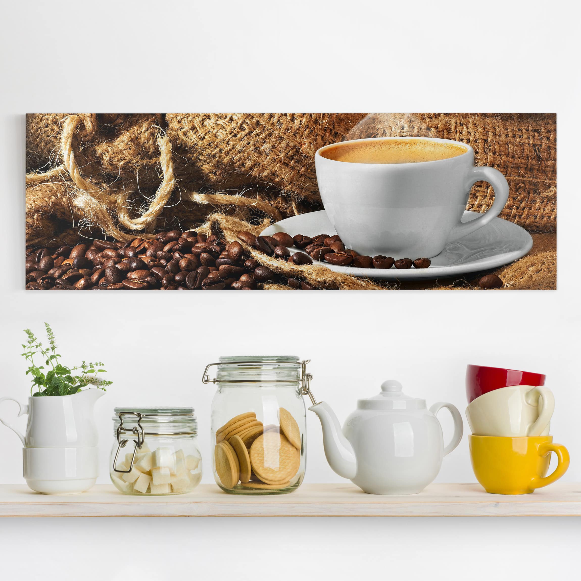 Leinwandbild - Panorama Kaffee am Morgen