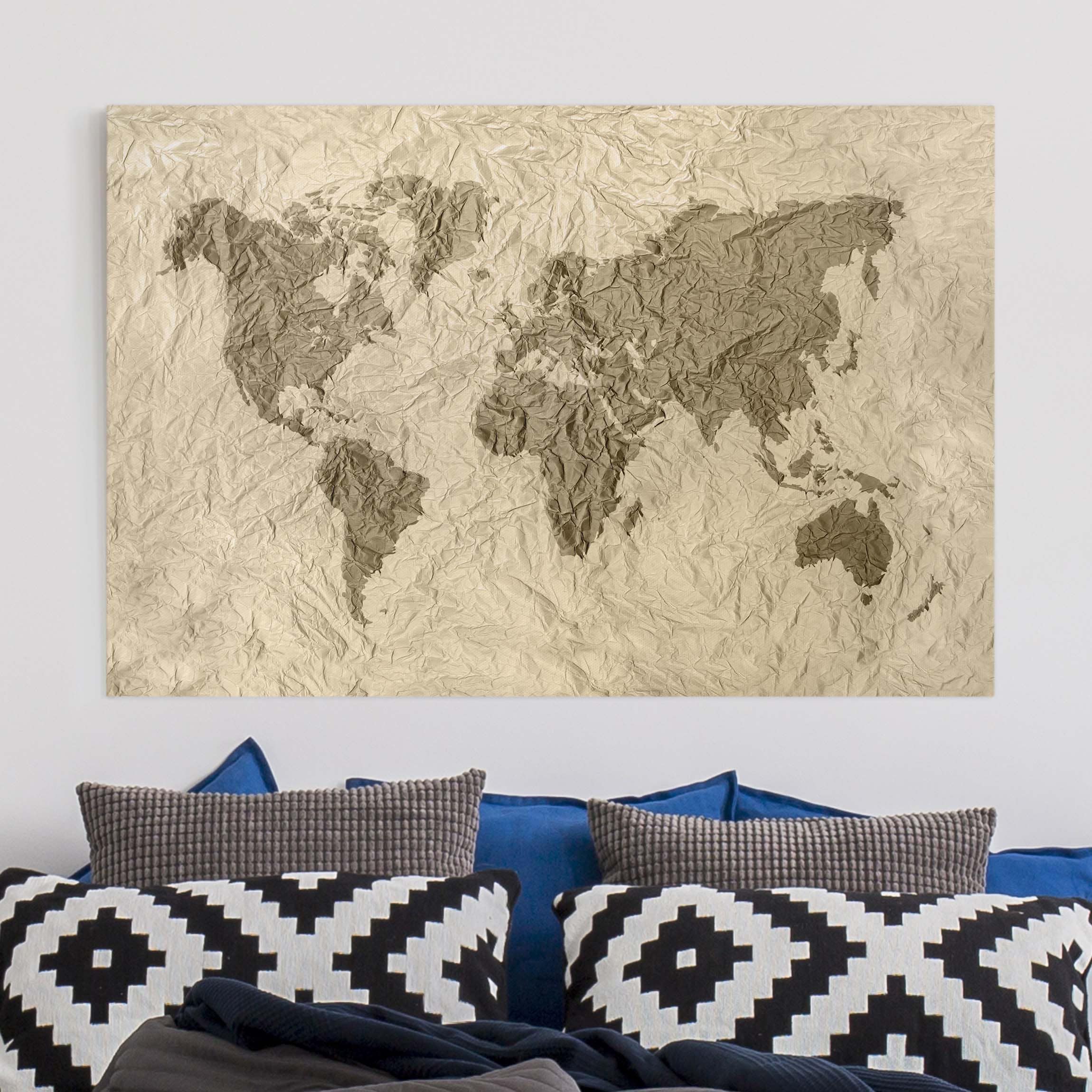 Leinwandbild - Querformat Papier Weltkarte Beige Braun