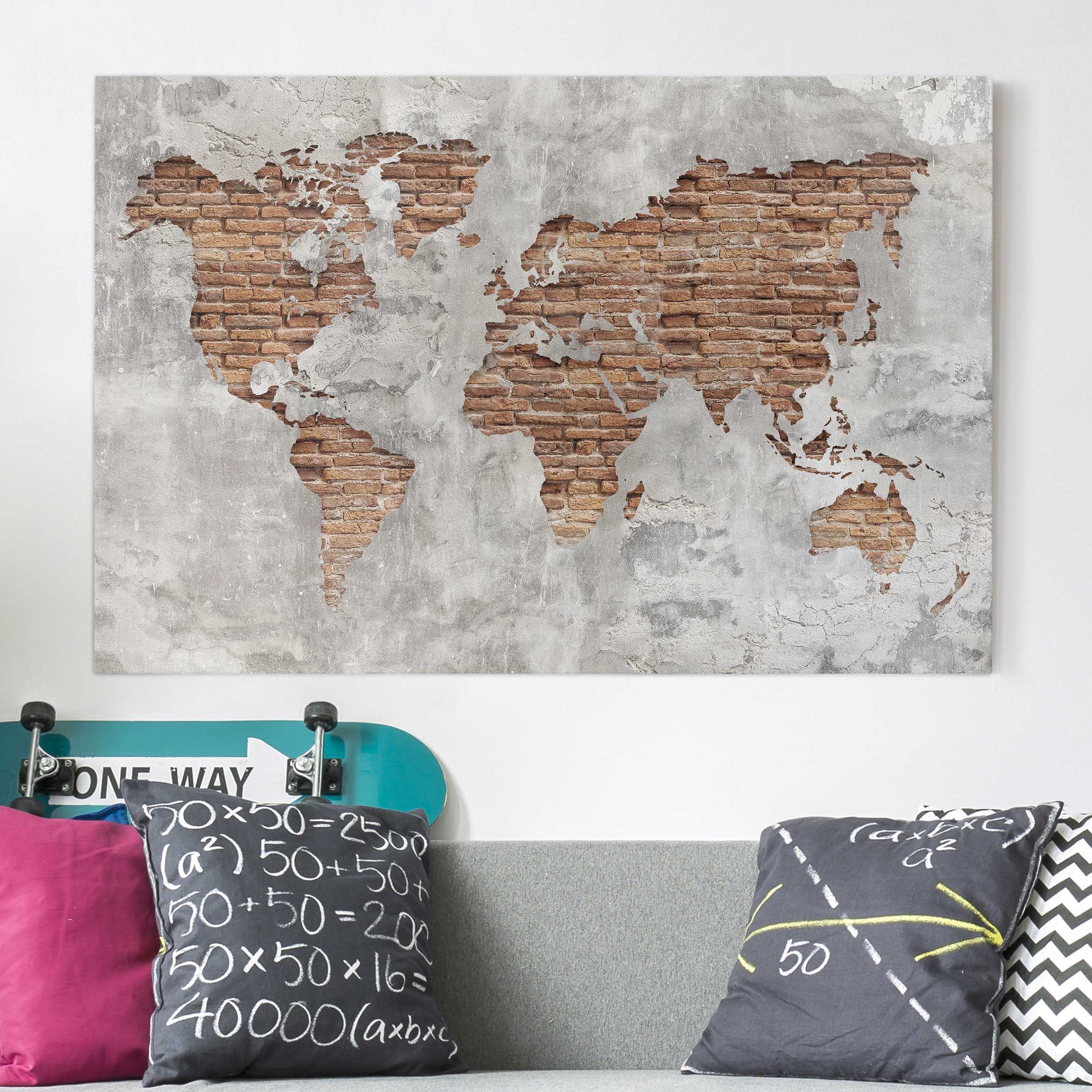 Leinwandbild - Querformat Shabby Beton Backstein Weltkarte