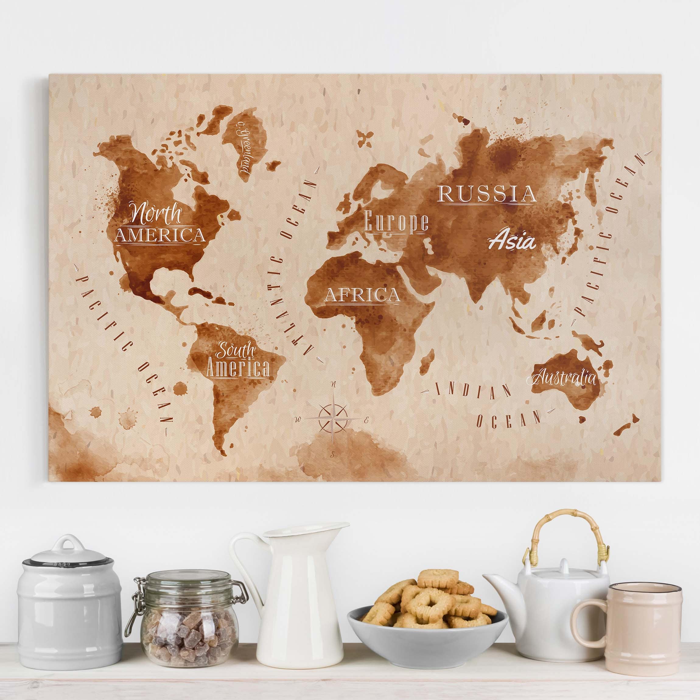 Leinwandbild - Querformat Weltkarte Aquarell beige braun