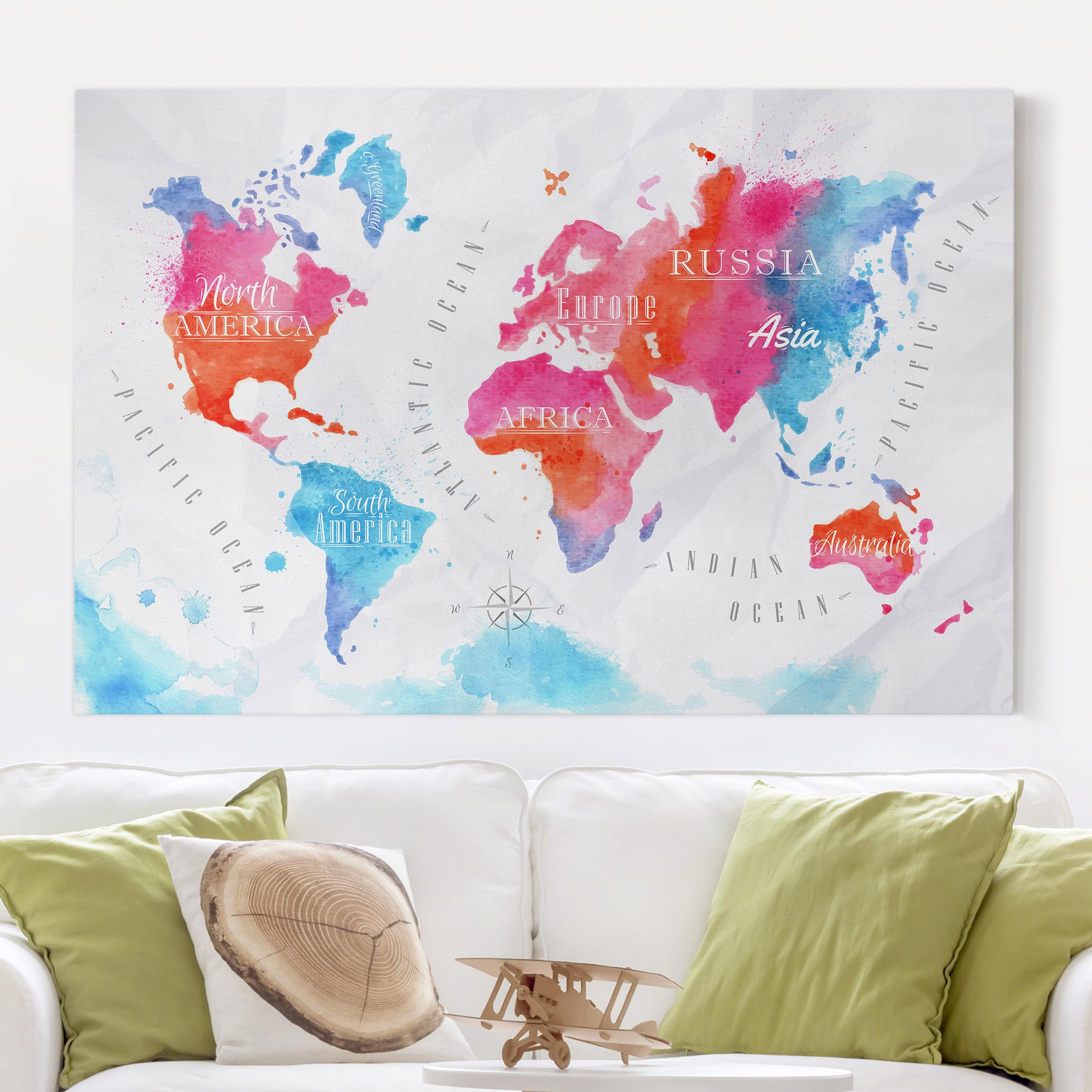 Leinwandbild Weltkarte Weltkarte Aquarell rot blau