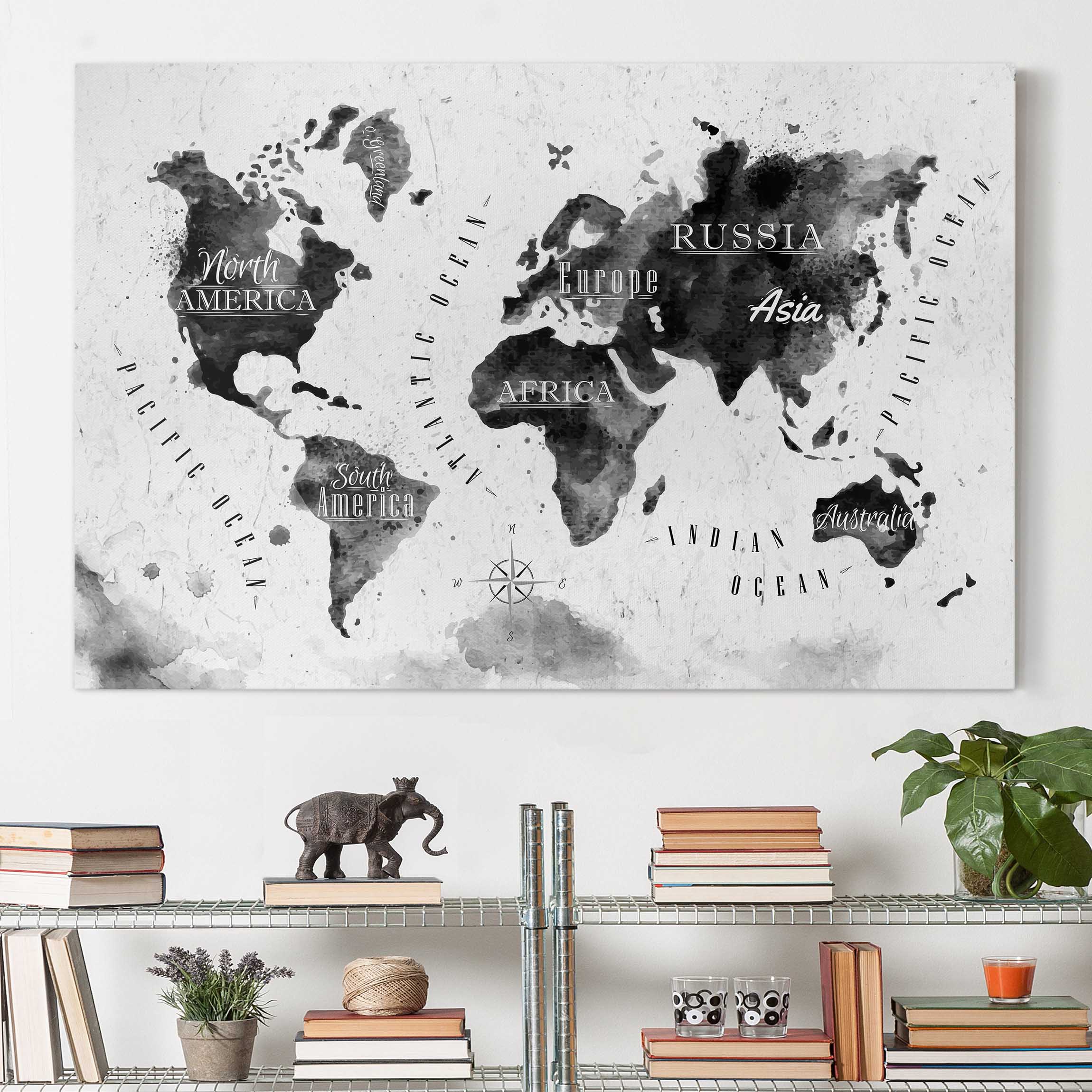 Leinwandbild Weltkarte Weltkarte Aquarell schwarz