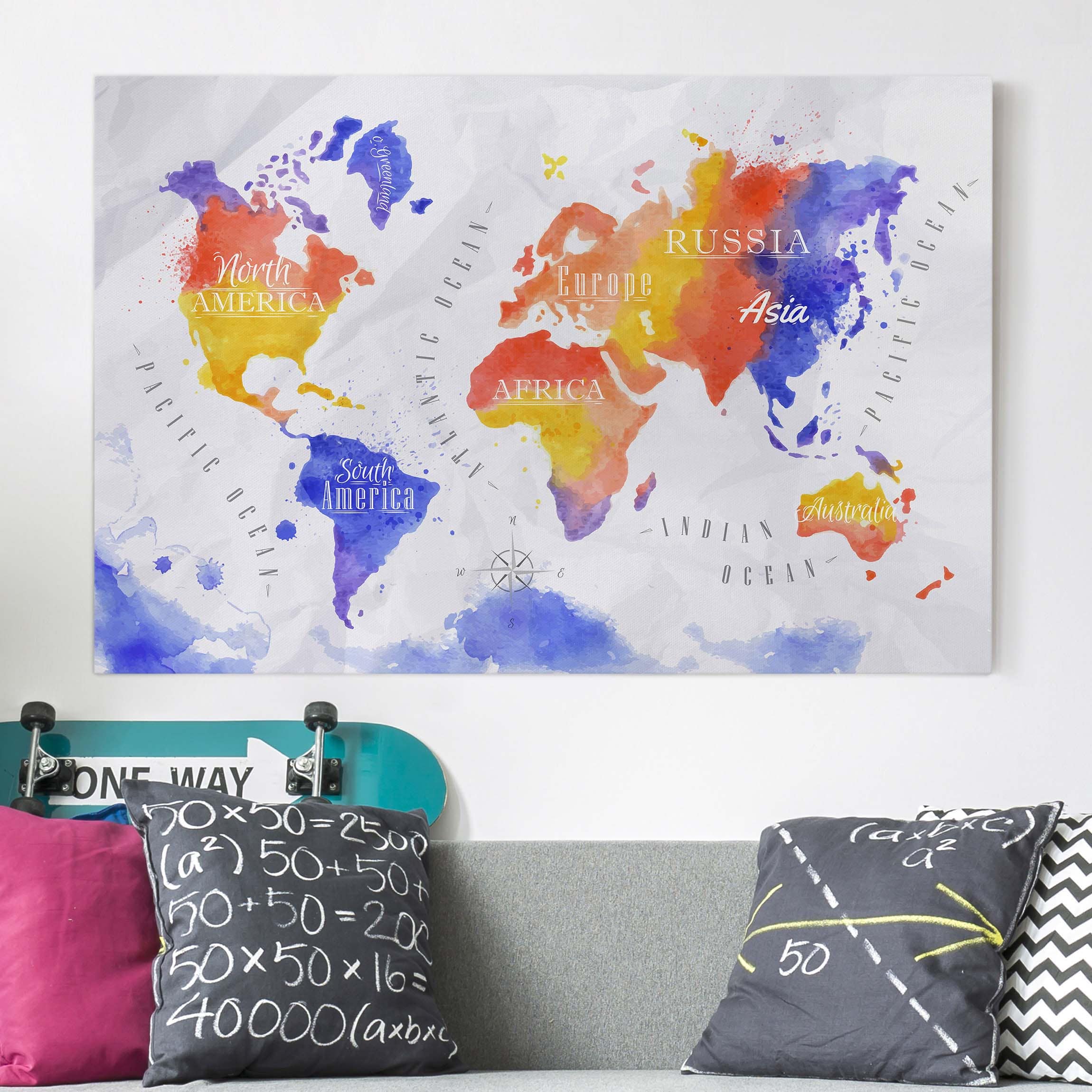 Leinwandbild Weltkarte Weltkarte Aquarell violett rot gelb