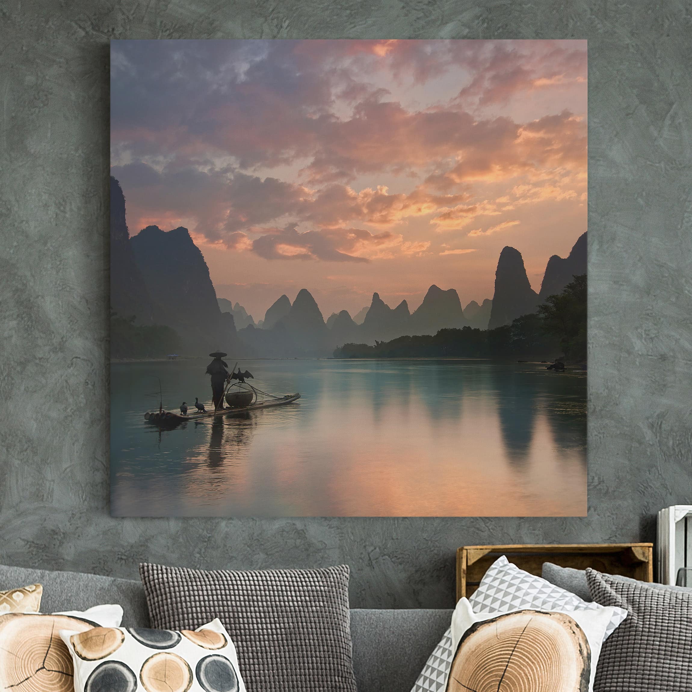 Leinwandbild - Quadrat Sonnenaufgang über chinesischem Fluss