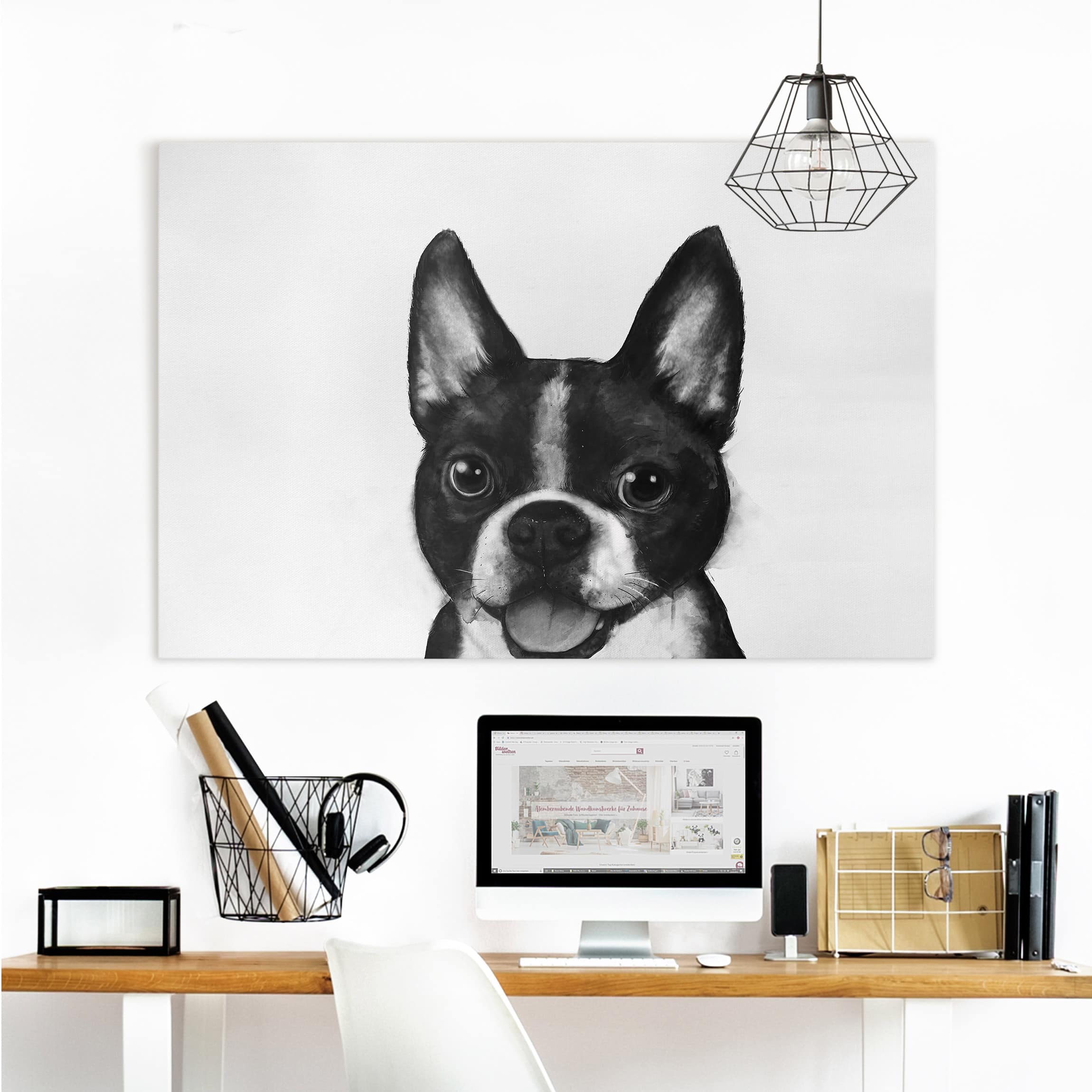 Leinwandbild - Querformat Illustration Hund Boston Schwarz Weiß Malerei