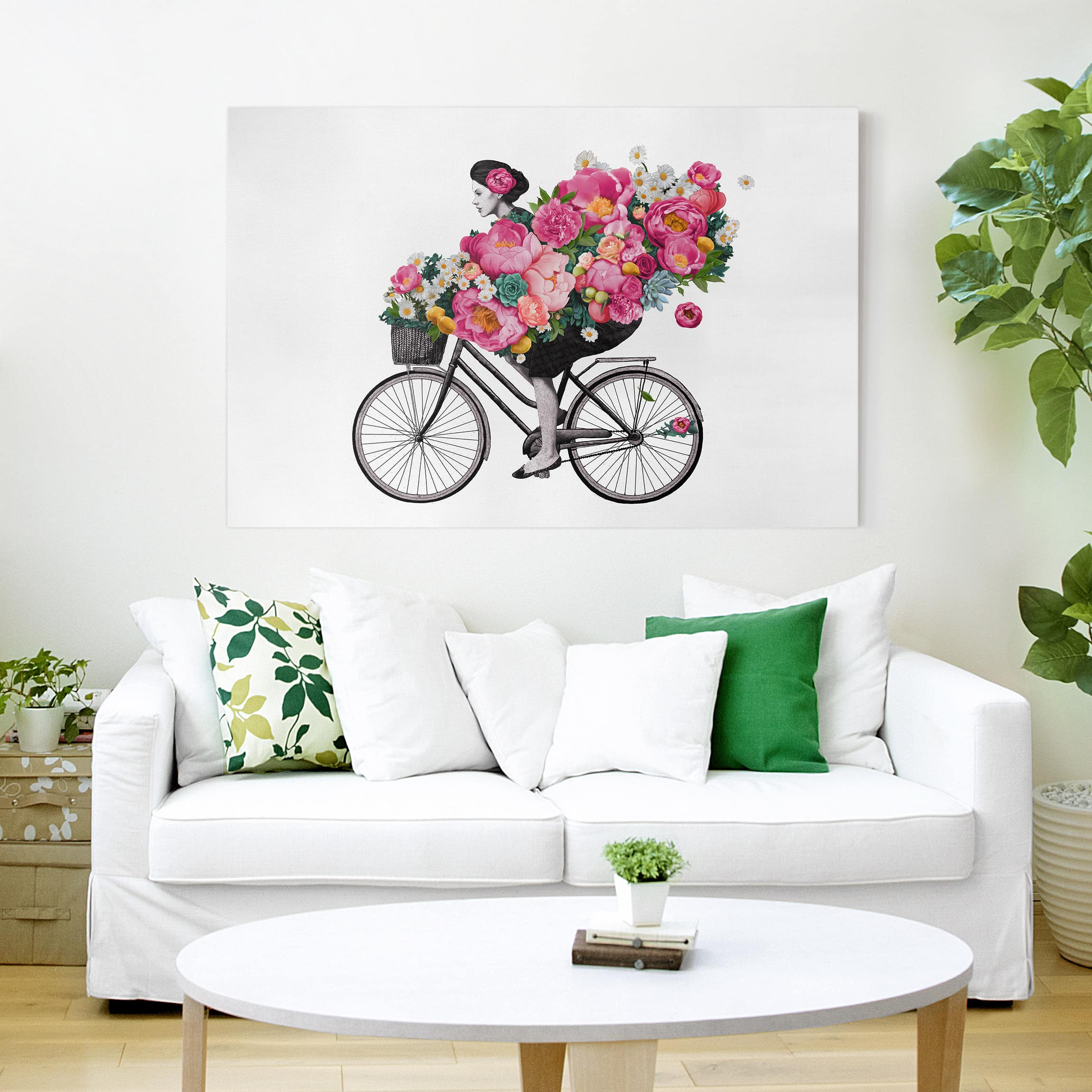 Leinwandbild - Querformat Illustration Frau auf Fahrrad Collage bunte Blumen