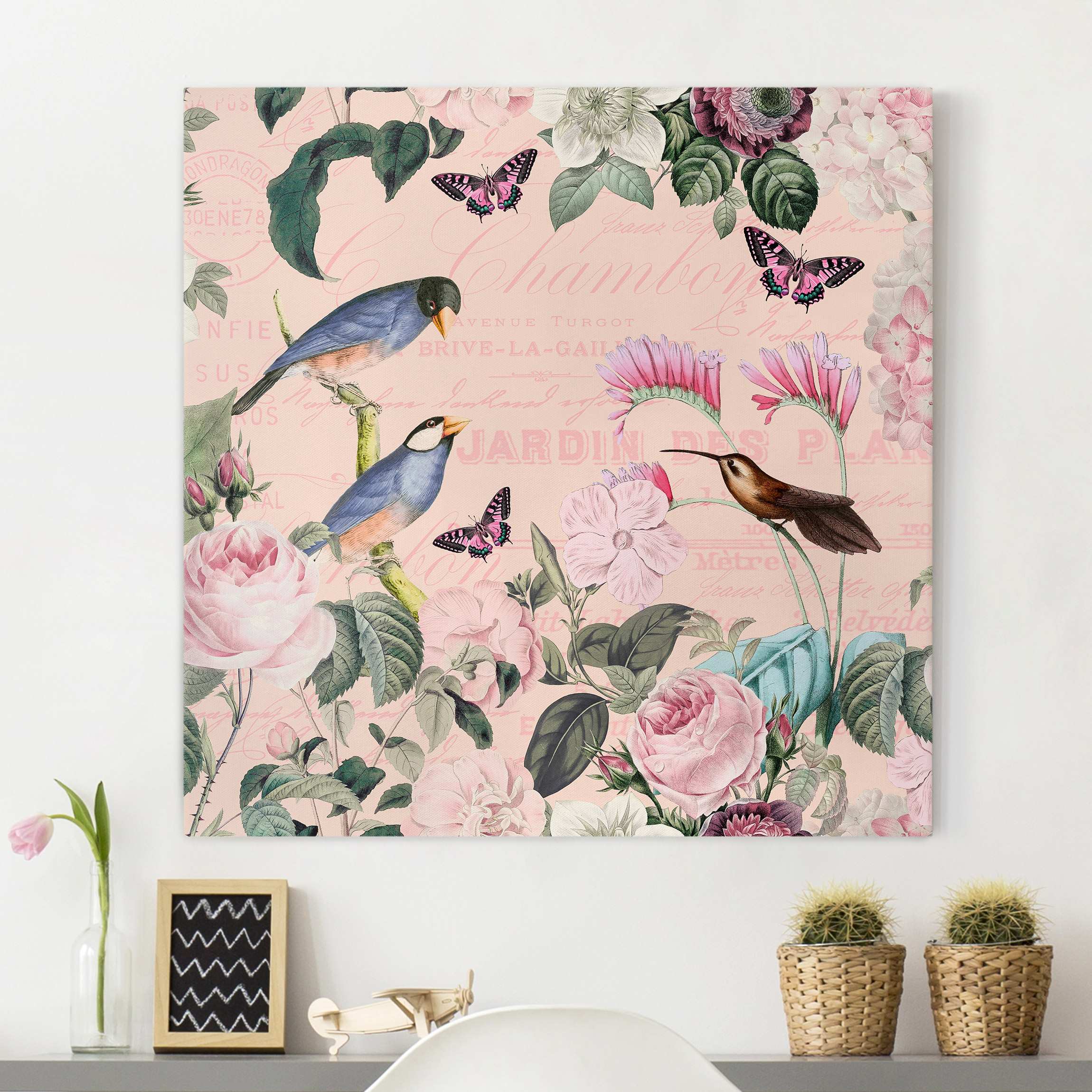 Leinwandbild Vintage Collage - Rosen und Vögel