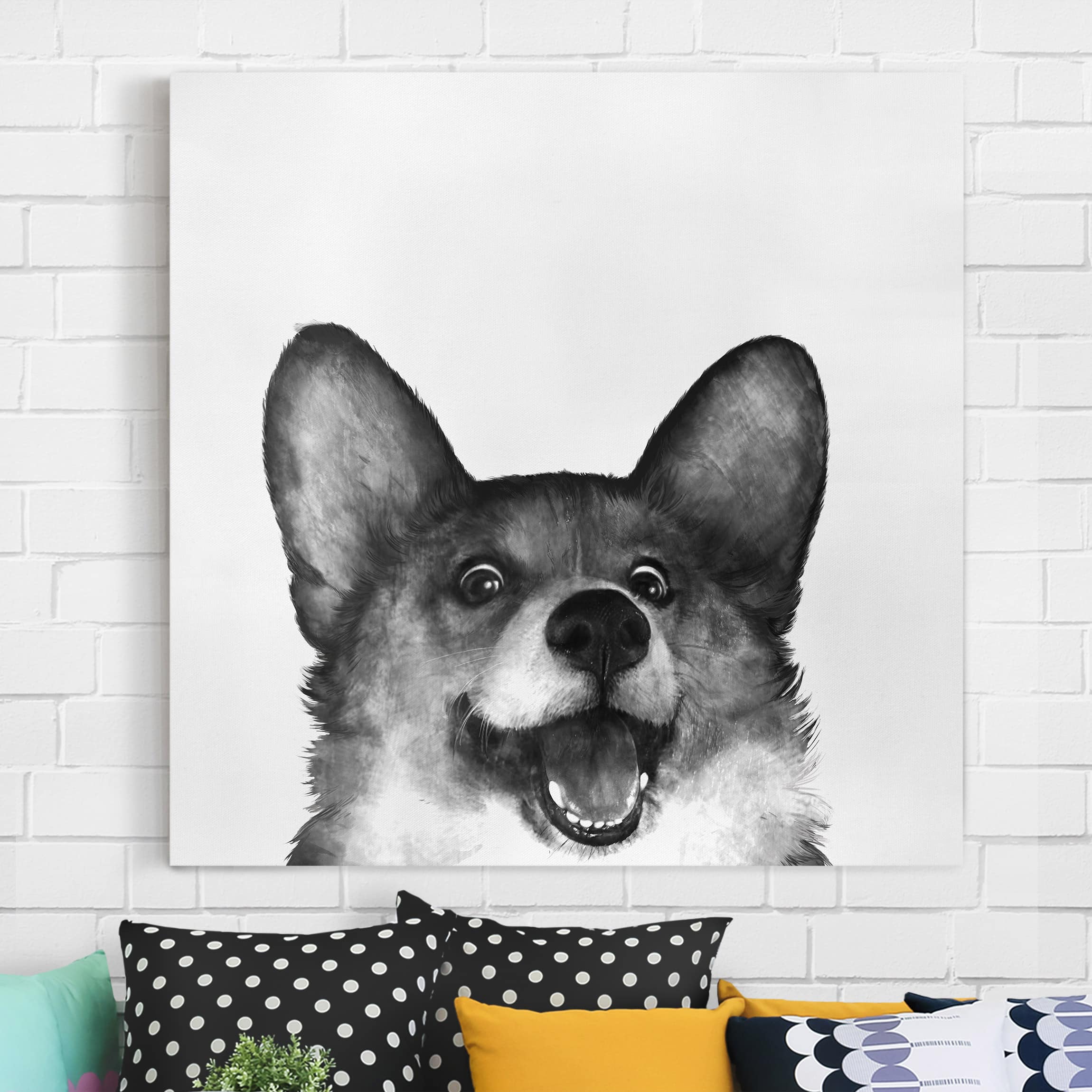 Leinwandbild - Quadrat Illustration Hund Corgi Weiß Schwarz Malerei