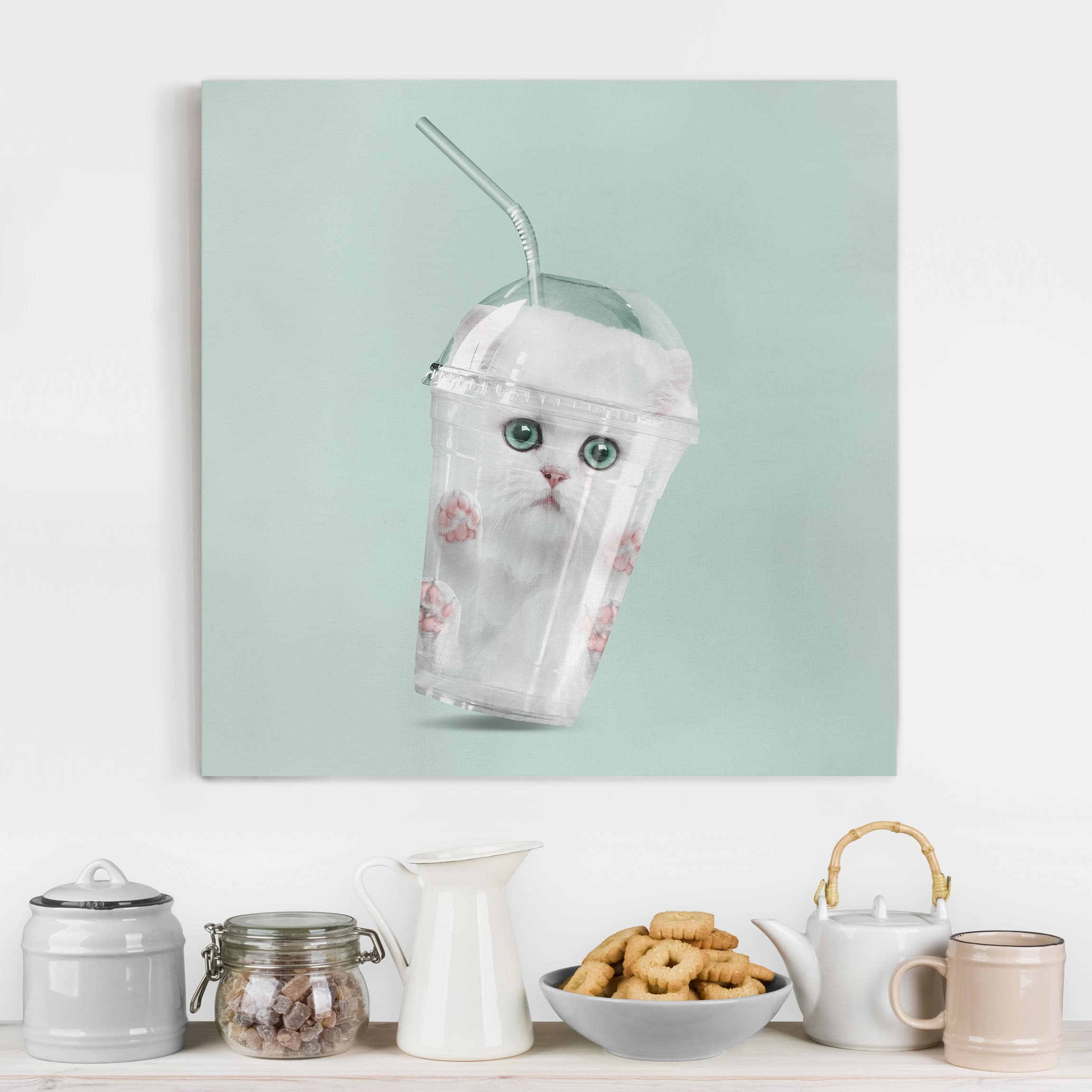 Leinwandbild - Quadrat Shake mit Katze