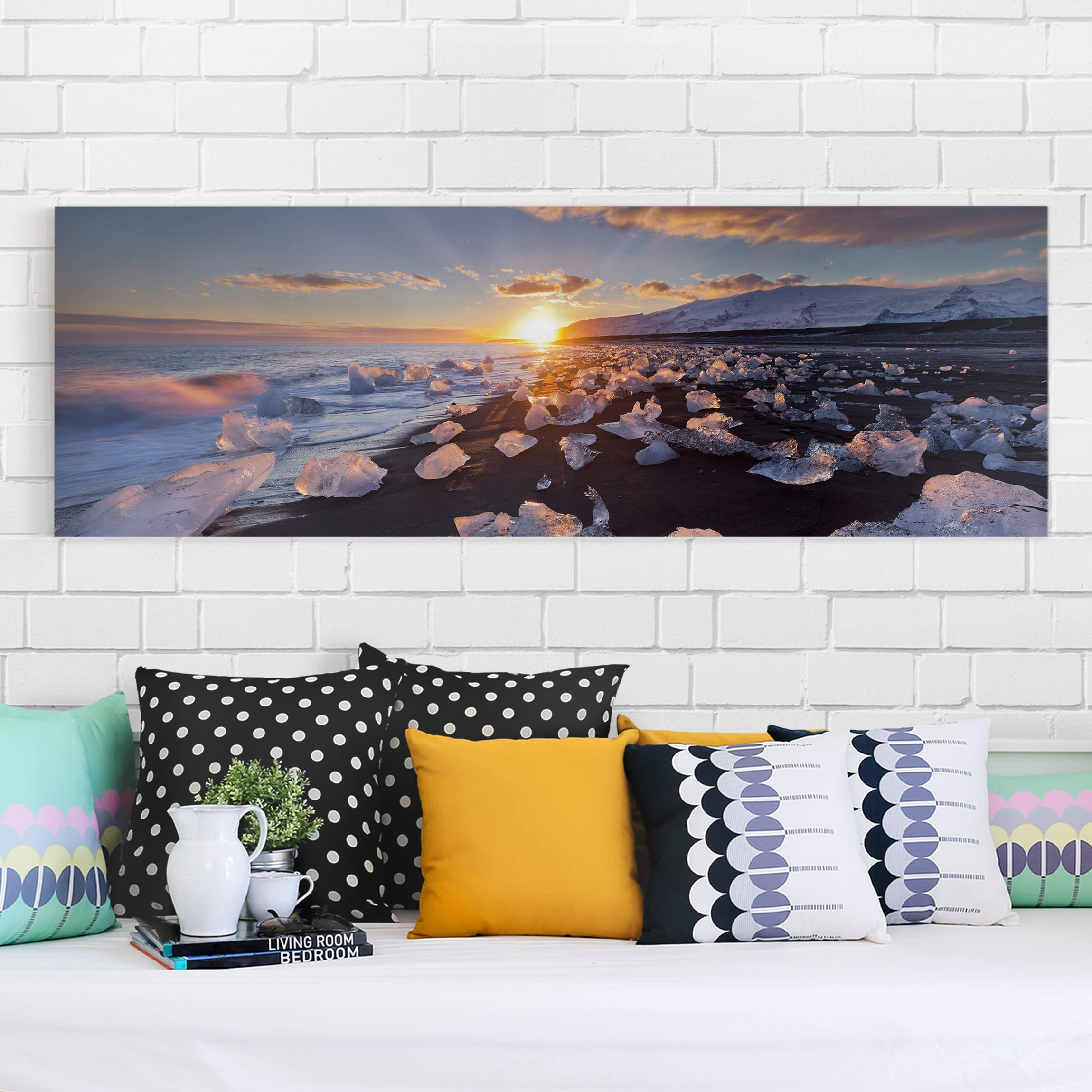Leinwandbild - Panorama Eisbrocken am Strand Island