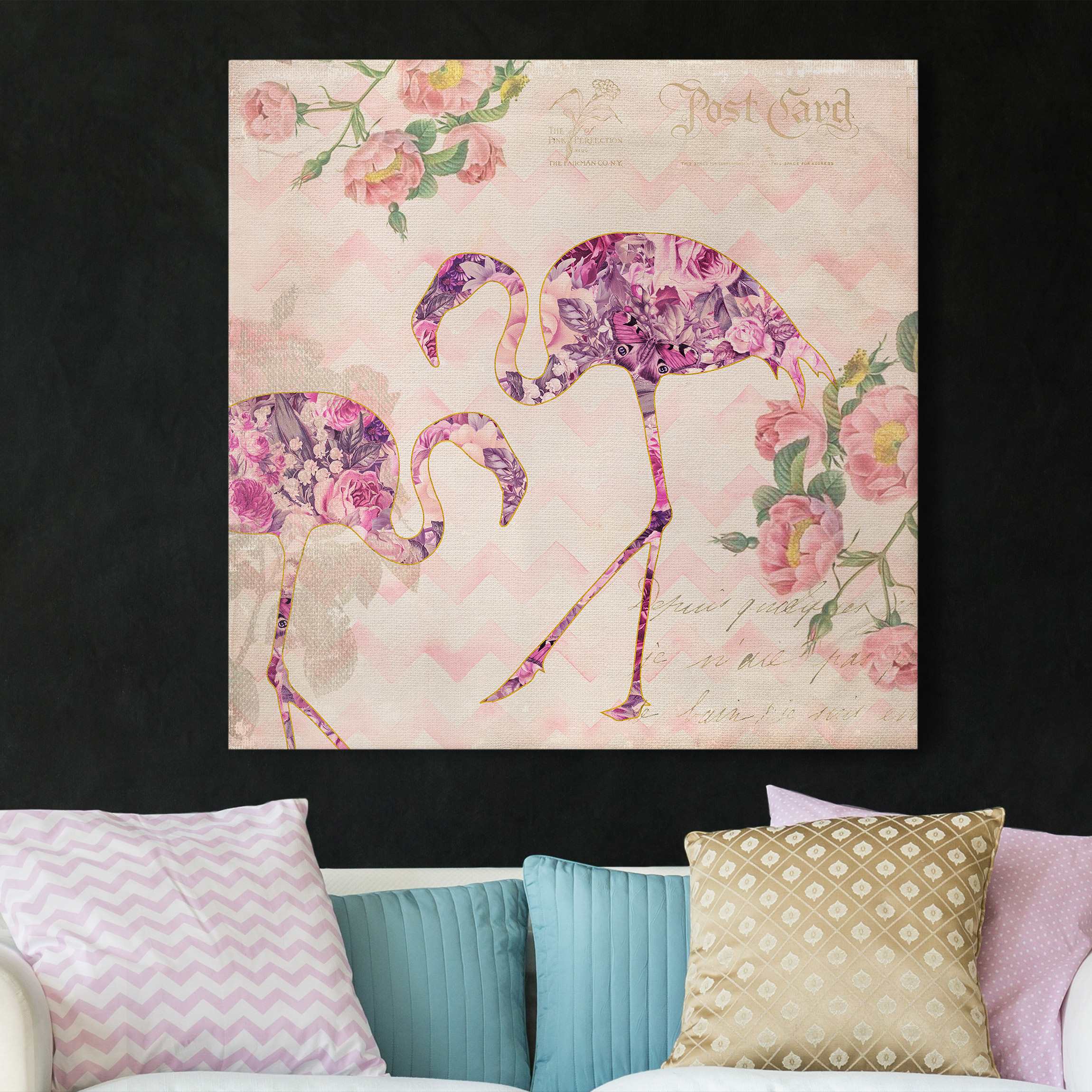 Leinwandbild Vintage Collage - Rosa Blüten Flamingos
