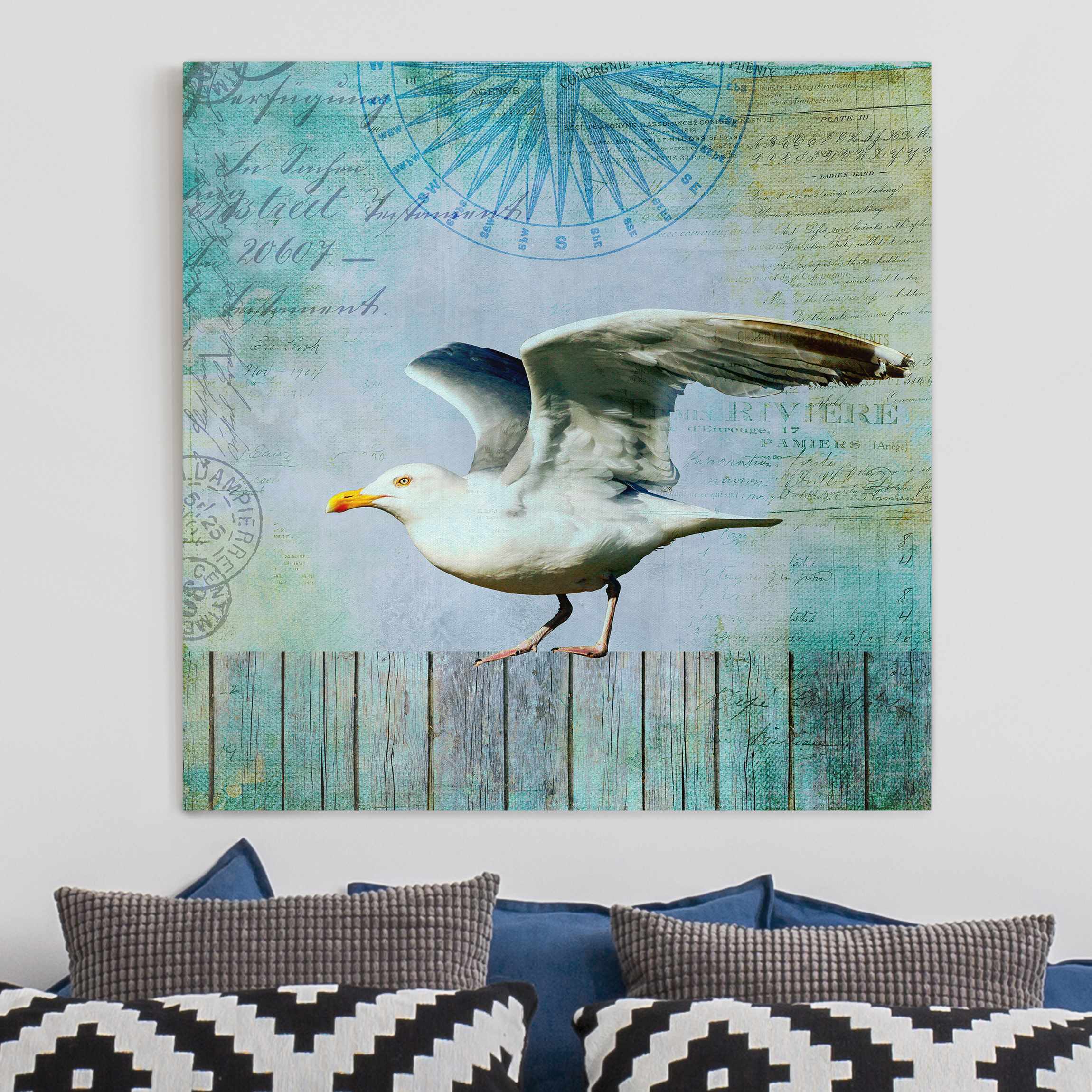 Leinwandbild Vintage Collage - Seemöwe auf Holzplanken