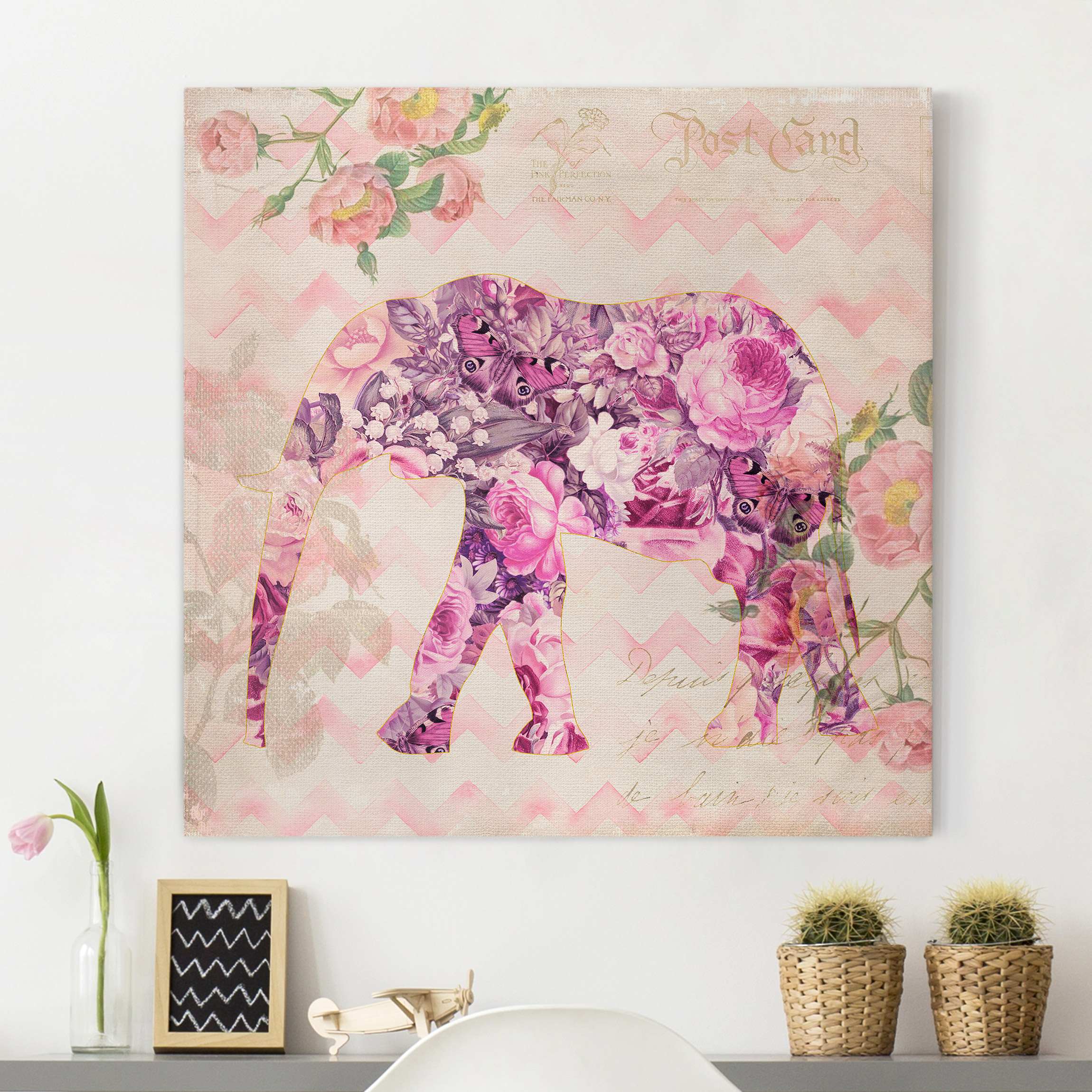 Leinwandbild Vintage Collage - Rosa Blüten Elefant